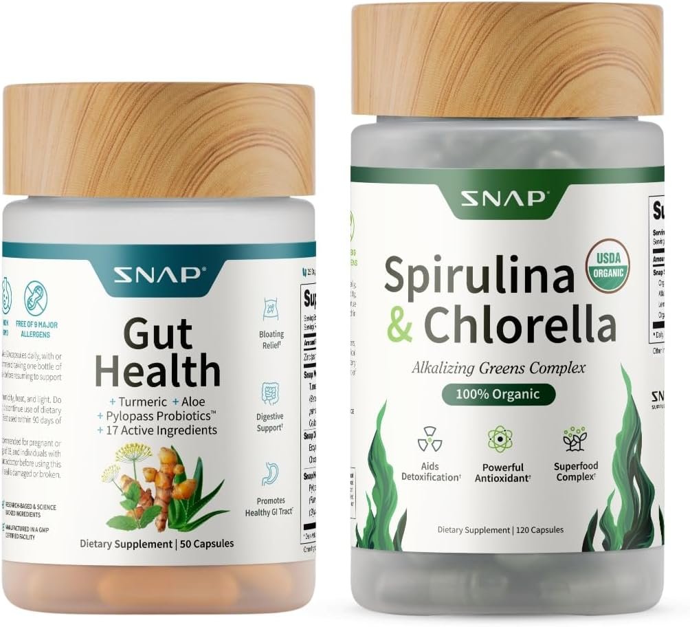 Snap Supplements Gut Health Lipase Supplement & Organic Spirulina Chlorella Bundle–Probiotic + Greens–Supports Digestion, Detox, Energy & Immune Health, 50 + 120 Vegetarian Capsules (1 Month Supply)