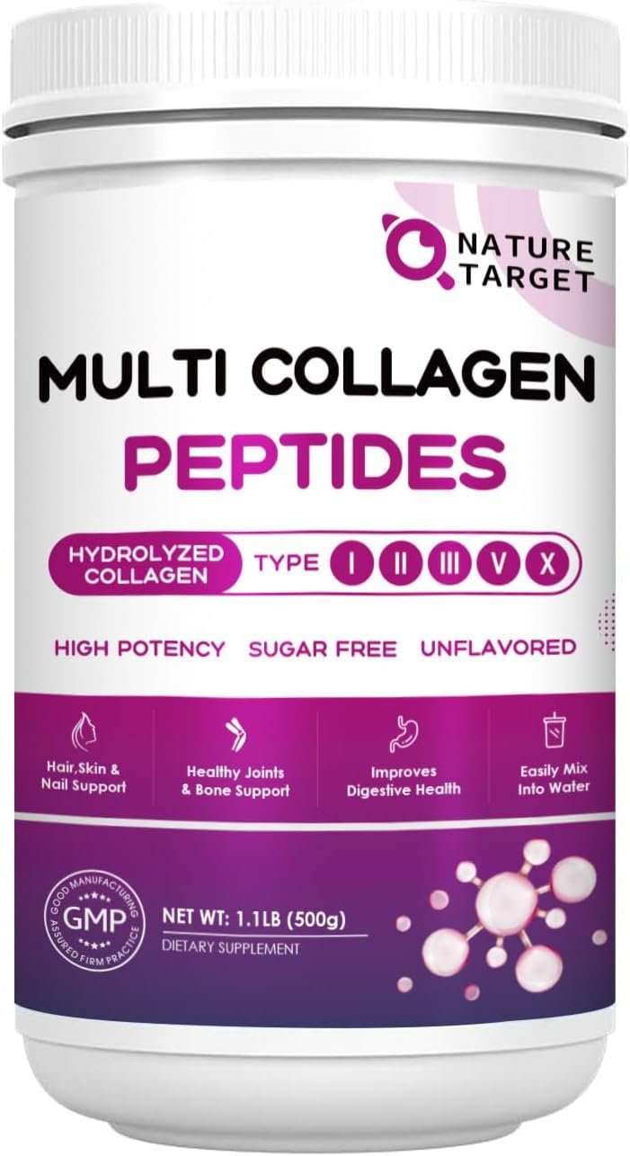 NATURE TARGET Multi Collagen Peptides Powder – Type I, II, III, V, X – Hydrolyzed Collagen Peptides with Vitamin C Hyaluronic Acid, Supports Skin Hair Nail & Joint, Grass-Fed, Non-GMO, 50 Servings