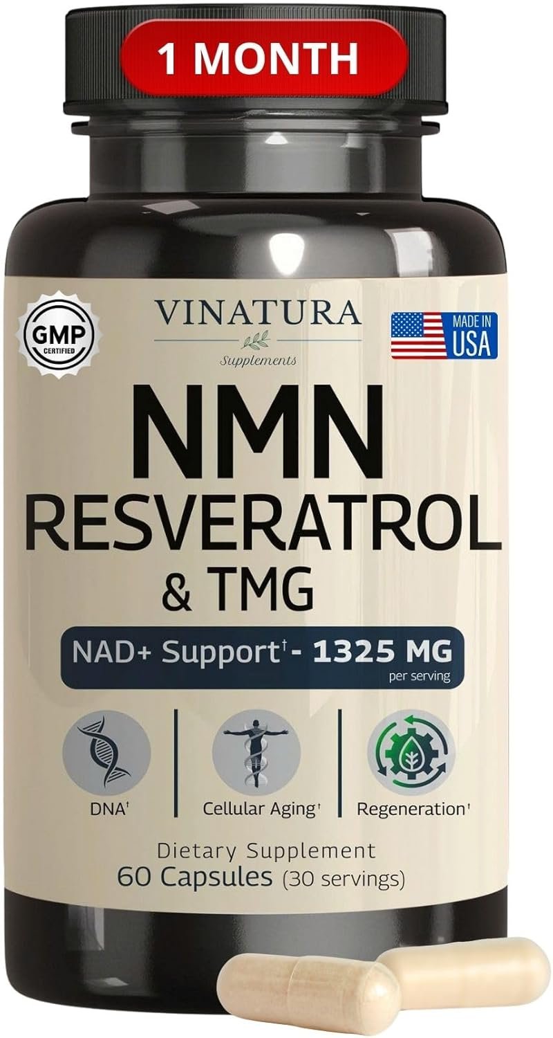 VINATURA NMN Complex Supplement 1325MG – NMN 1000mg with Resveratrol and TMG, Support NAD+, 60 Capsules