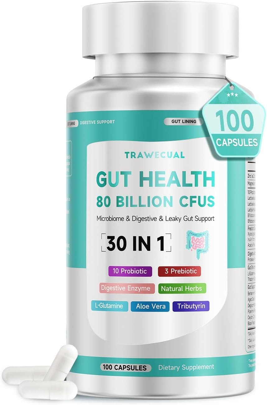 Gut Health Capsule Supplement, Supports Microbiome, Leaky Gut, and Digestion, with 80 Billion CFU Probiotics, Prebiotics, Digestive Enzymes, 30-in-1 Gut Health Supplement, 100 Capsules