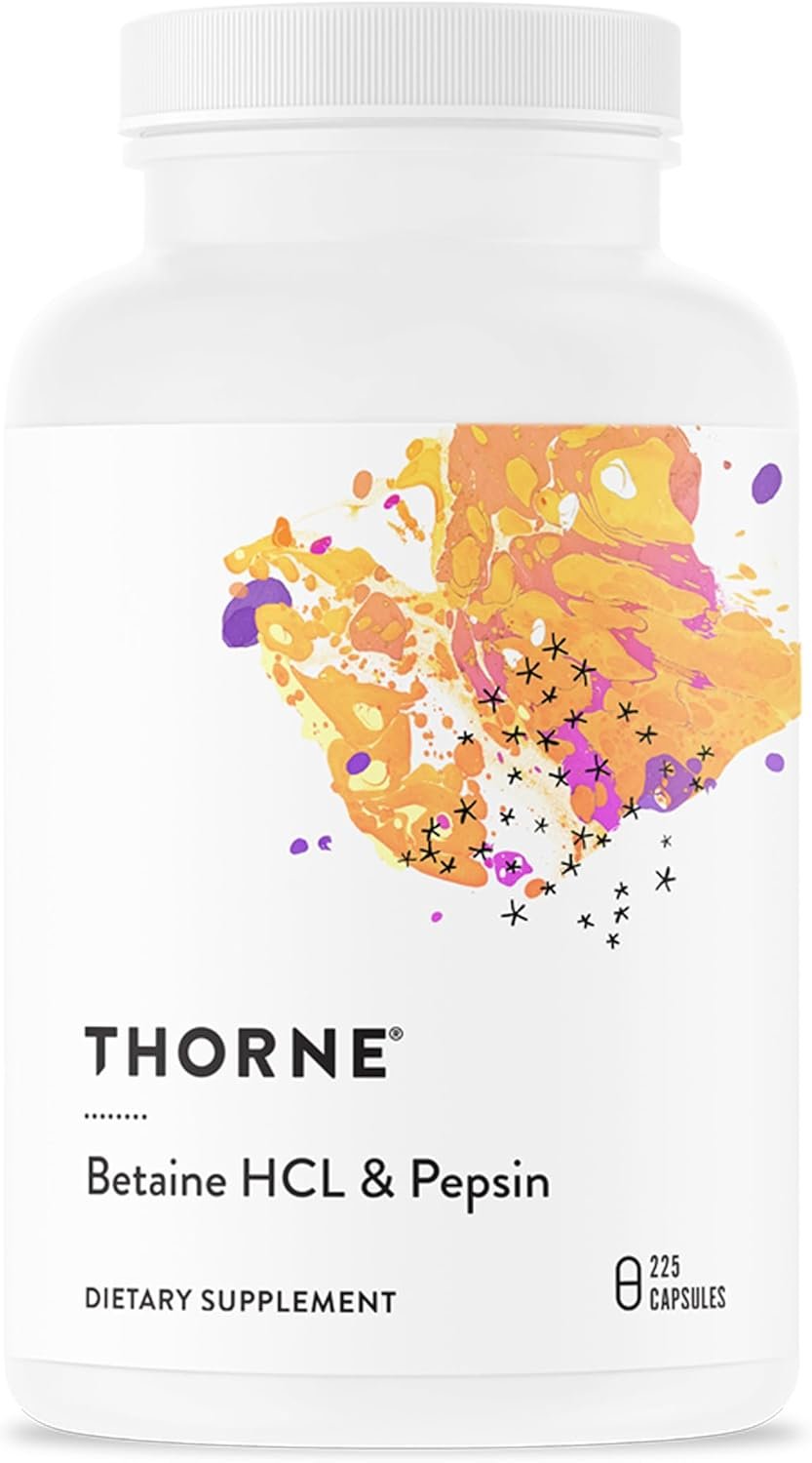 THORNE – Betaine HCL & Pepsin – Digestive Enzyme & Hydrochloric Acid Supplement for Protein Digestion & Occasional Gas or Bloating Relief* – Third-Party Certified – Gluten & Dairy-Free – 225 Capsules