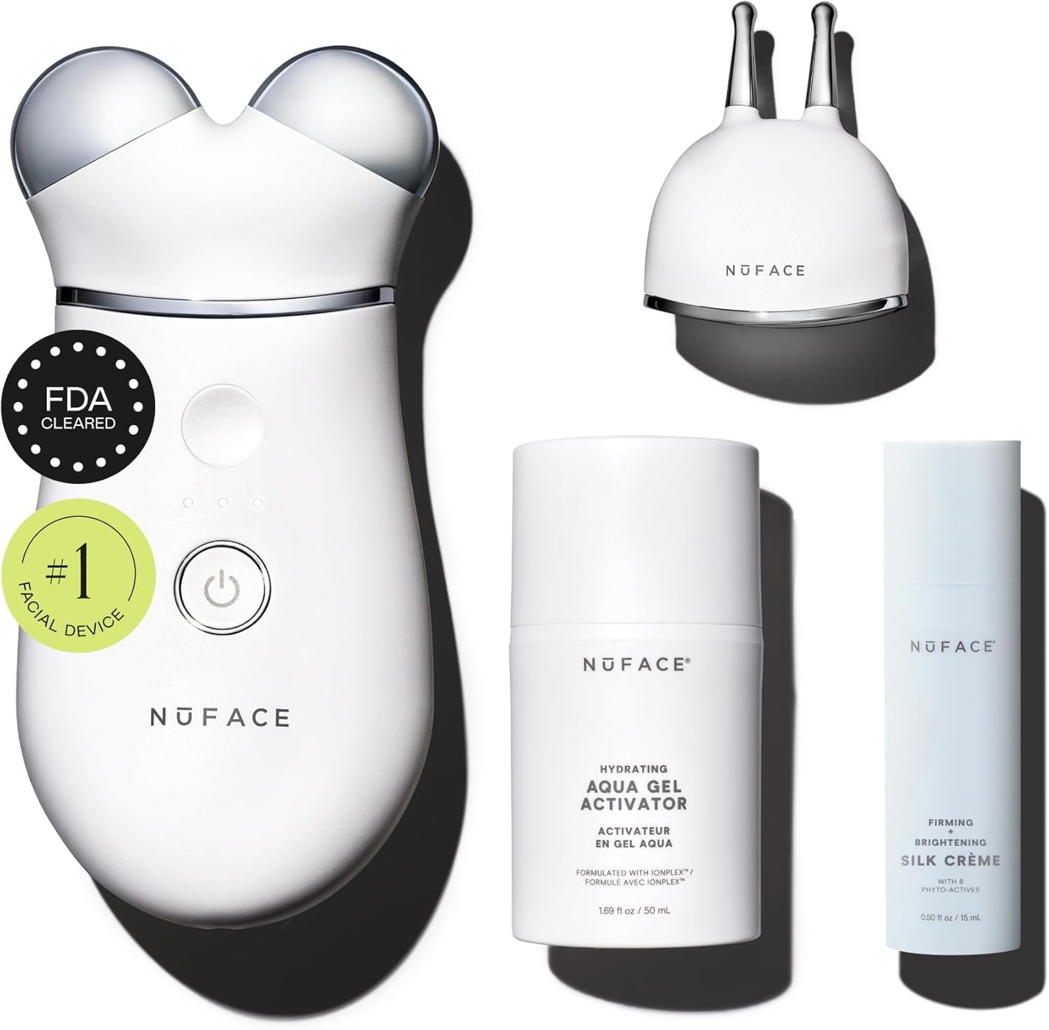 NuFACE Trinity+ Microcurrent Facial Device + Effective Lip & Eye Attachment – FDA Cleared Skin Tightening & Face Toning Device for Targeted Treatment + Microcurrent Gel Activator, & Silk Crème