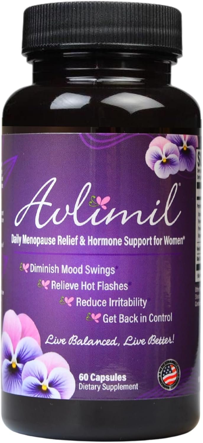 Avlimil® Hormone Balance & Menopause Support | Mood Swings, Hot Flashes, Night Sweats and Irritability – Isoflavones, Black Cohosh, Raspberry, Valerian, Sage, Red Clover, Lemon Balm – 1-Month