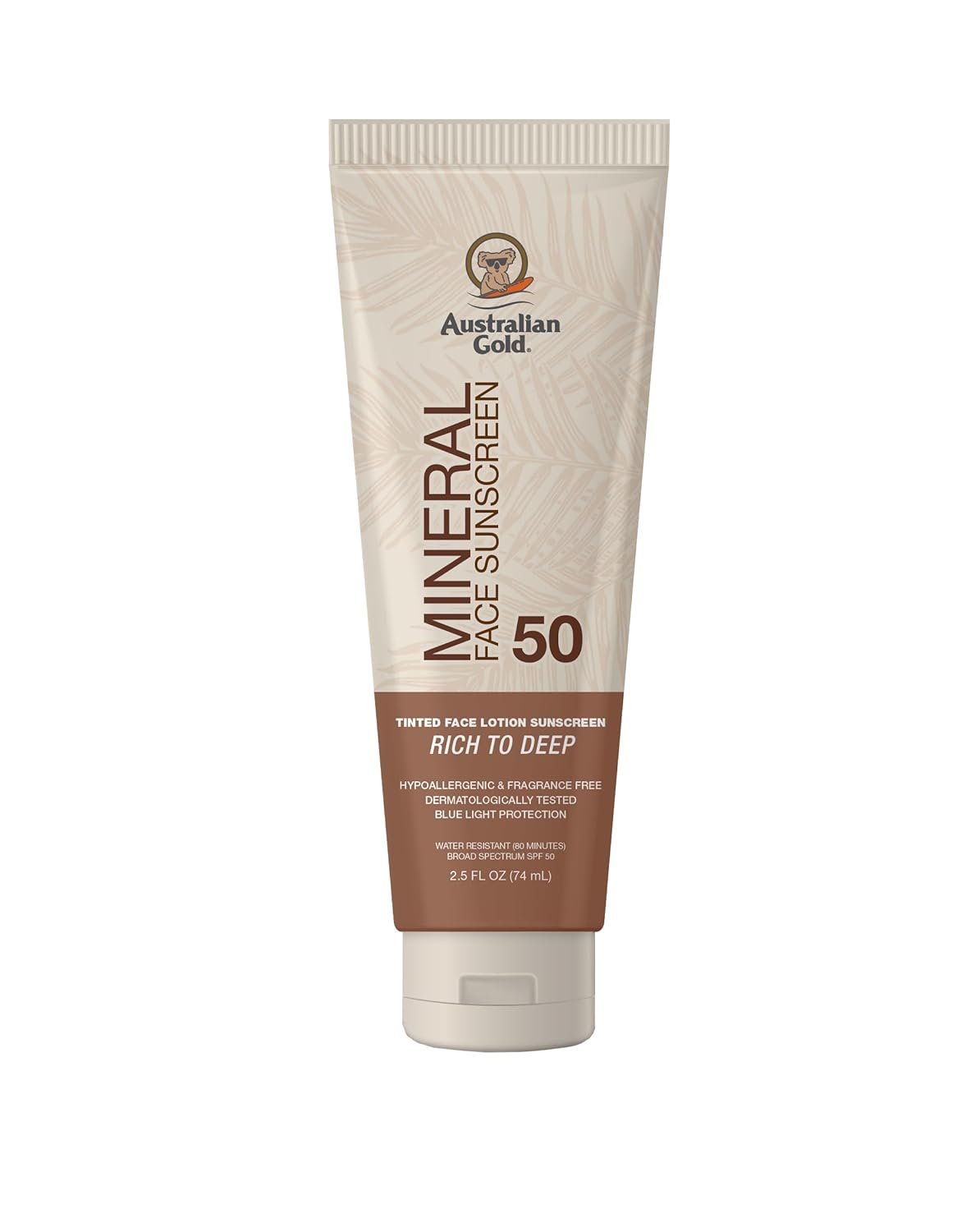 Australian Gold SPF 50 Tinted Mineral Face Sunscreen, Rich to Deep, 2.5 fl oz, Broad Spectrum, Non-Greasy BB Cream with Blue Light & Sun Protection, 4% Zinc Oxide & Titanium Dioxide, Hypoallergenic