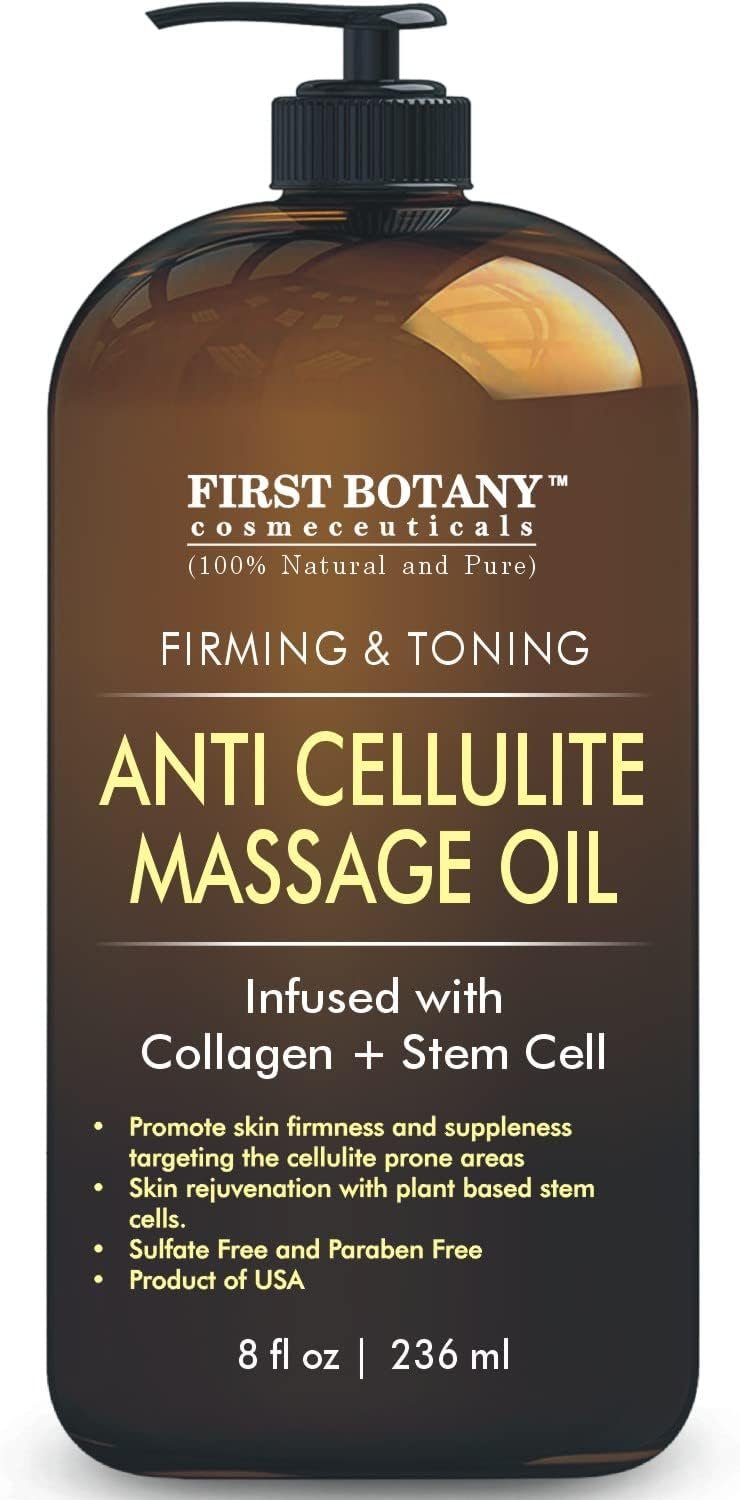 First Botany, Anti-Cellulite Massage Oil Infused with Collagen & Stem Cells – Natural Cellulite & Stretch Mark Treatment for Men & Women – 8 oz