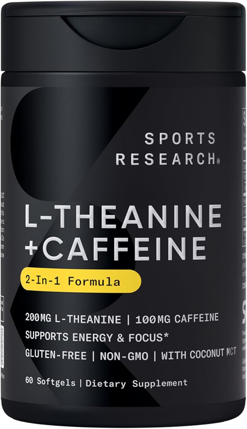 Sports Research L-Theanine Supplement with Caffeine & Coconut MCT Oil – Focused Energy, Alertness & Relaxation Without Drowsiness – 200mg L Theanine, 100mg Organic Caffeine – 60 Liquid Softgels