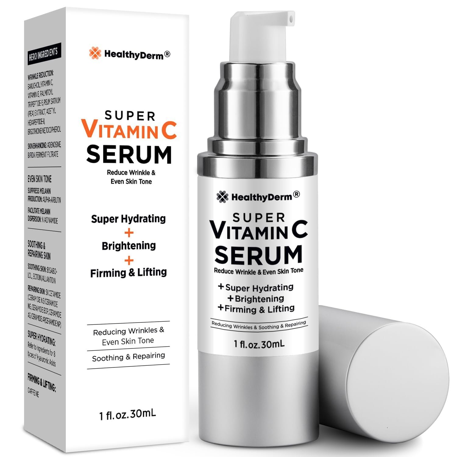 HealthyDerm Super Vitamin C Serum for Women Over 70: Niacinamide, Vitamin C, Hyaluronic Acid, Peptides, Vitamin E, Caffeine, Bakuchiol, Hydrating, Lifting, Face Wrinkle & Age Spots Reduction