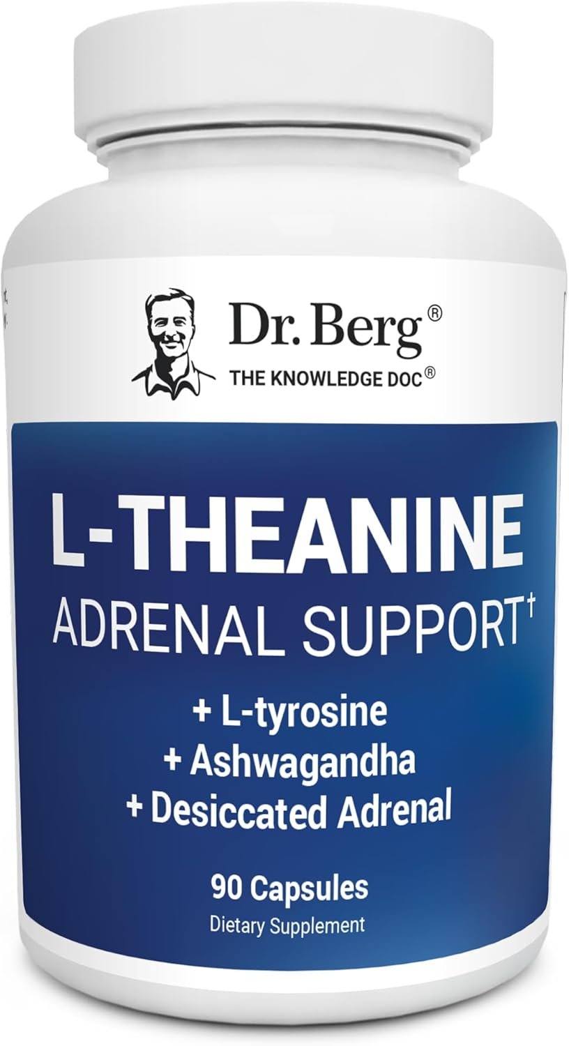 Dr. Berg L-Theanine 200mg – Includes Zinc, Copper, L-Tyrosine, & Ashwagandha – L-Theanine Supplement Adrenal Support – for Relaxation, Stress Relief, and Mental Clarity* – 90 Gelatin Capsules