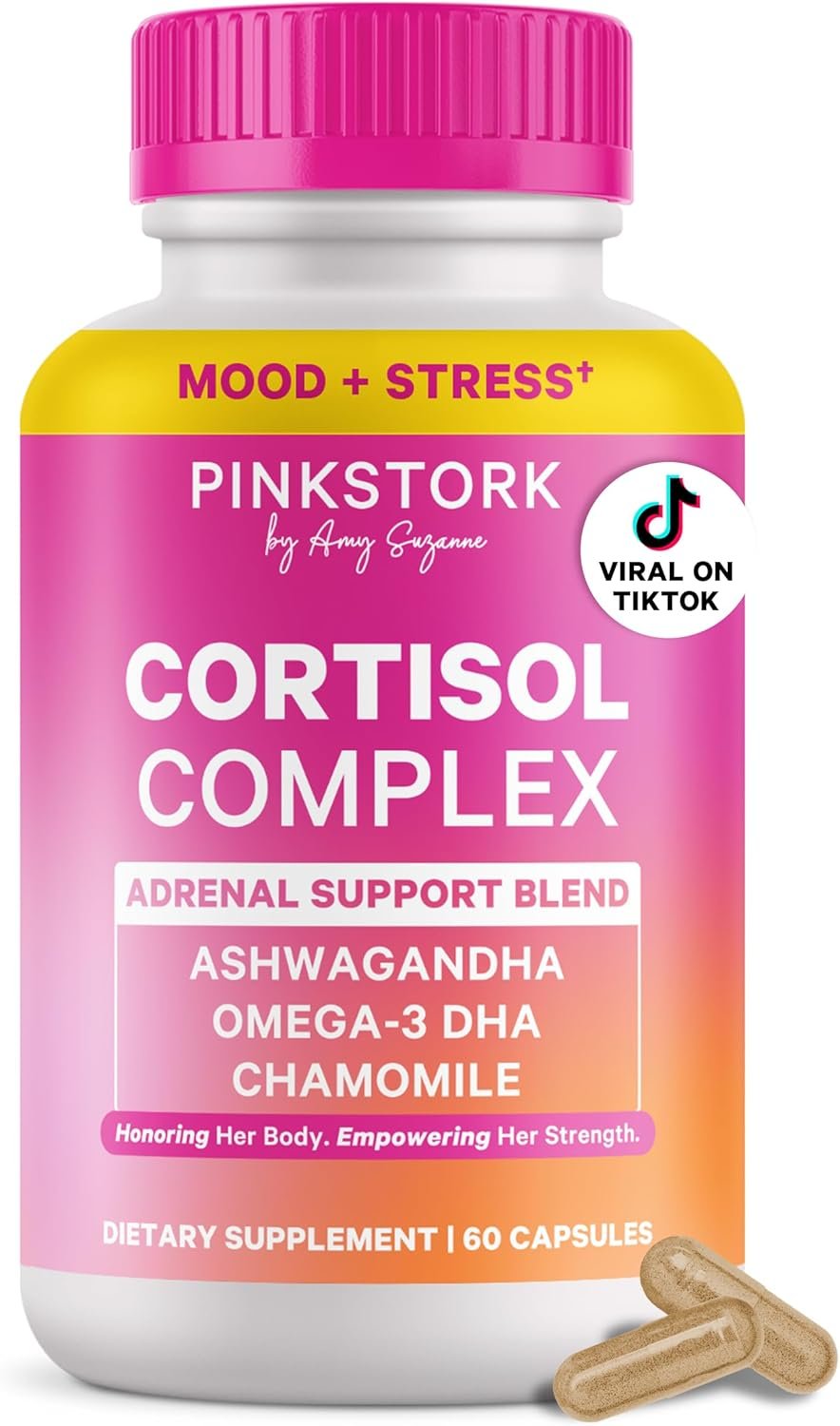 Pink Stork Cortisol Supplements for Women – Adaptogenic Adrenal Support & Stress Manager with Organic Ashwagandha, Omega 3, Saffron, Multivitamins – Mood & Hormone Balance – 60 Count