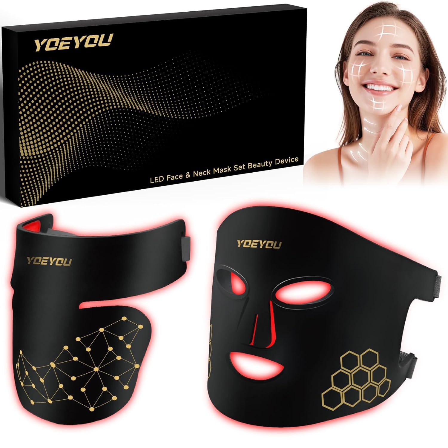 Red Light Therapy for Face and Neck, 850nm Infrared & Red Light Mask, 4 Modes LED Face Mask Light Therapy with Neck Masks, 2600mAh Rechargeable Portable Skincare Device at Home & Travel