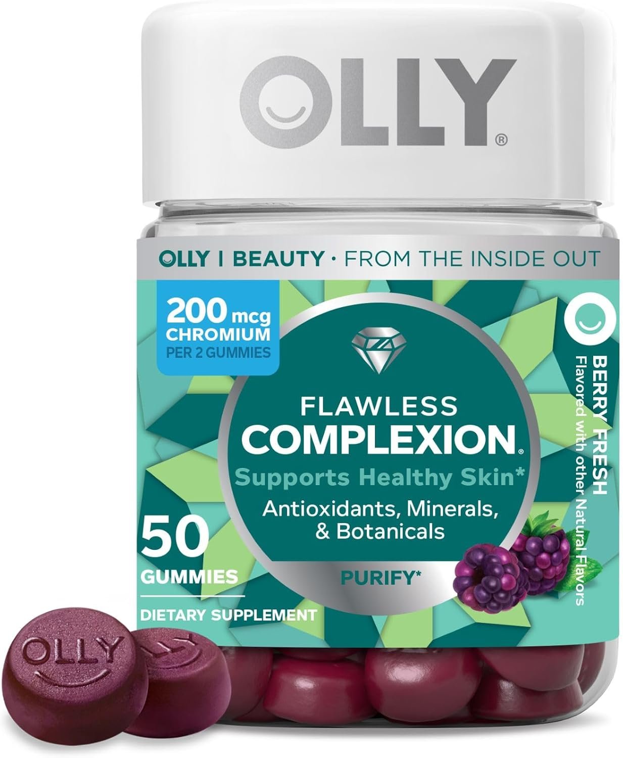 OLLY Flawless Complexion Gummy, Clear and Healthy Skin Support, Vitamins E, A, Zinc, Chewable Supplement, Berry – 50 Count (Pack of 1)