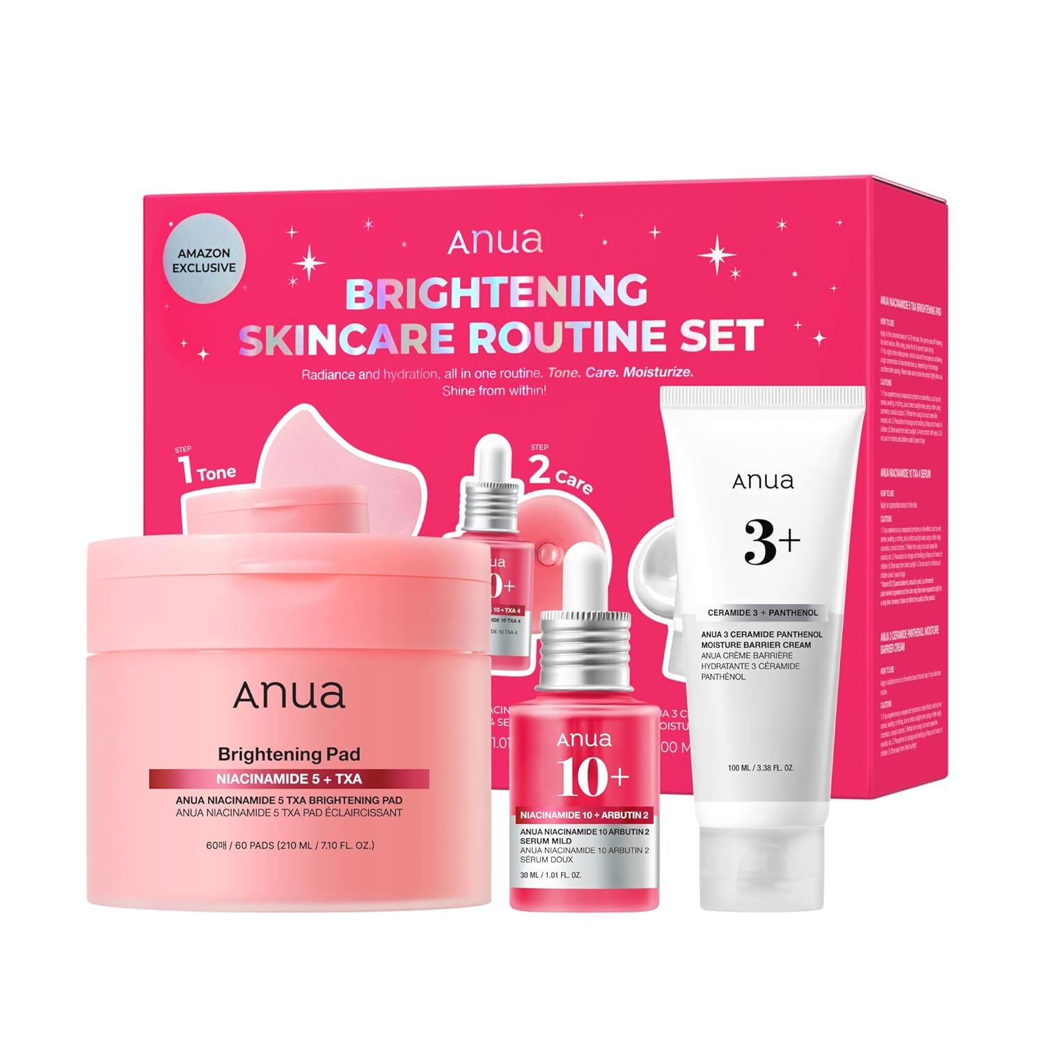 Anua Brightening Niacinamide Skincare Routine Set, Niacinamide TXA Toner Pad & Serum with Ceramide Face Moisturizer, Dark Spot Care & Hydration, Glass Skin Gift Set for Women, Korean Skincare Kit