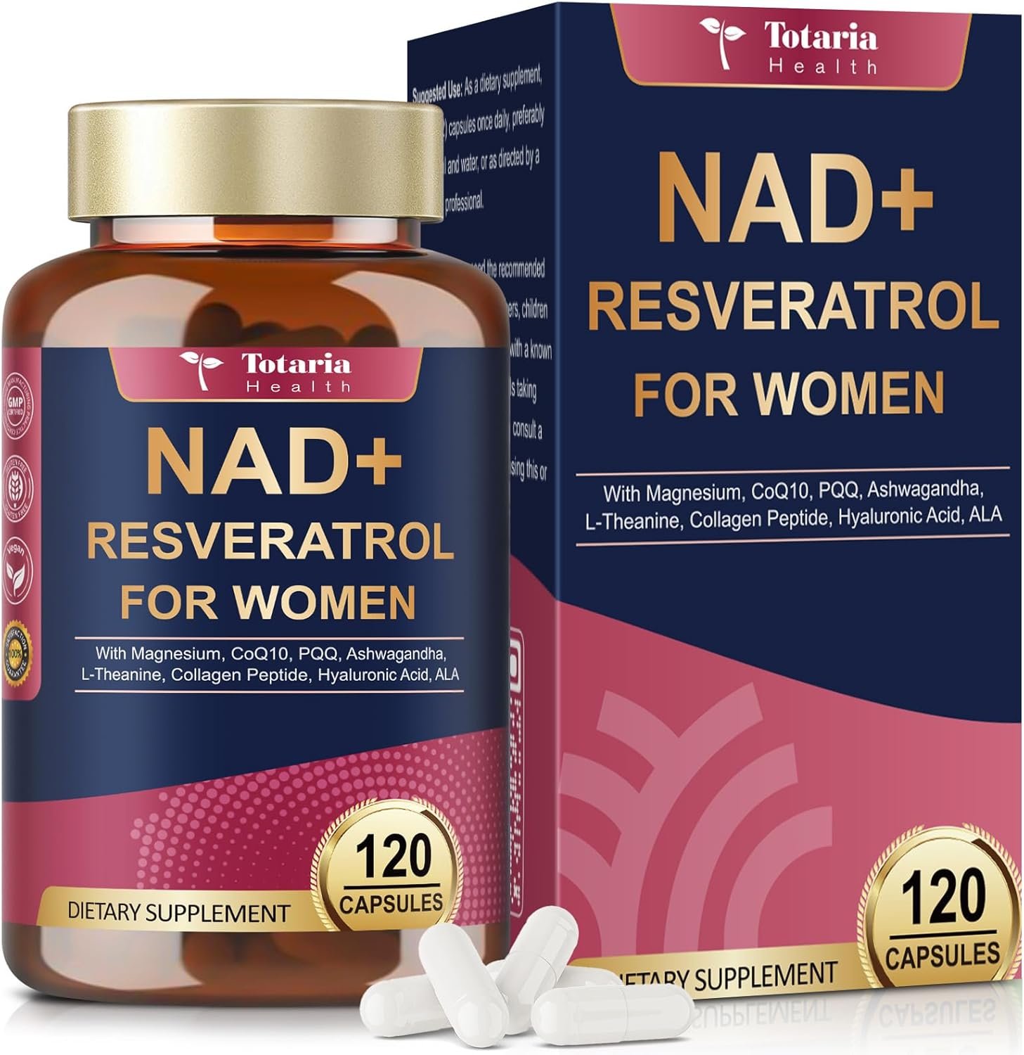 Totaria NAD+ Supplement for Women – NAD Trans-Resveratrol Supplement with Magnesium,CoQ10,PQQ, Ashwagandha,Collagen Peptide – NMN & NMNH Alternative – Cellular Renewal & Energy – 120 Capsules