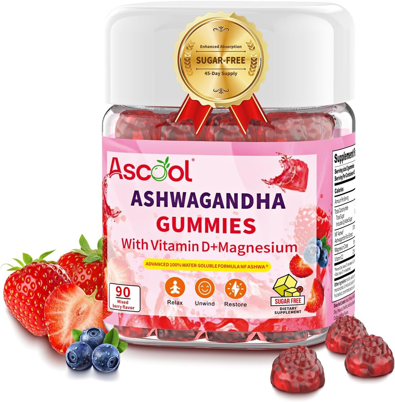 Ashwagandha Gummies for Stress Relief & Clam with Magnesium + Vitamin D – 90 Count Sugar-Free, Vegan Ashwa Supplements