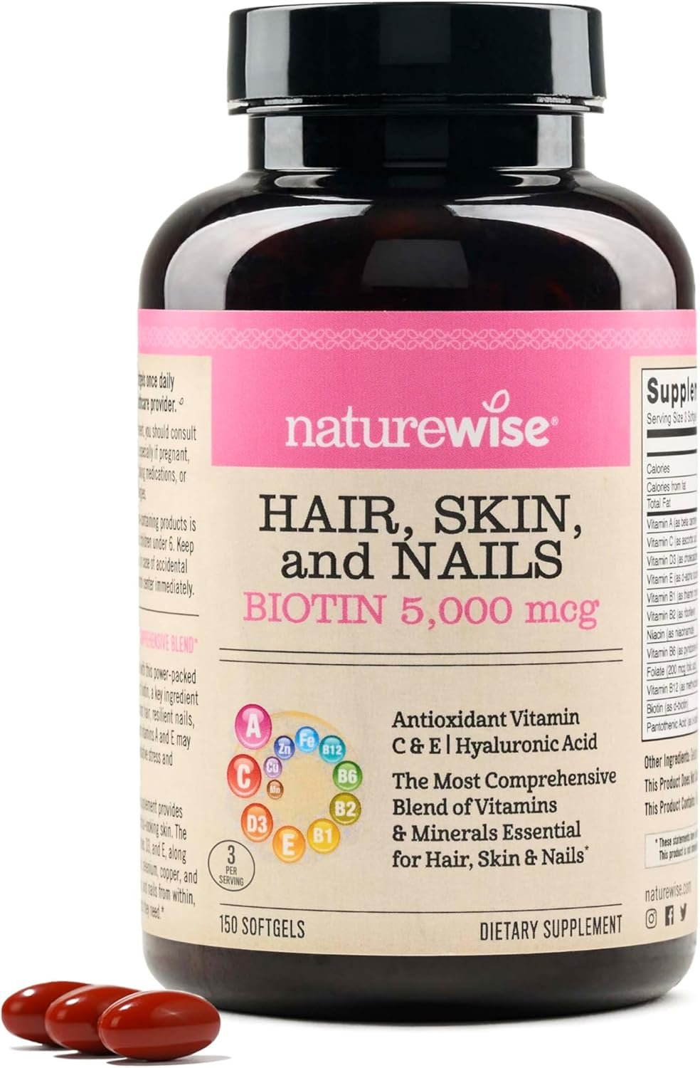 NatureWise Hair Skin and Nails Vitamin, Biotin 5000mcg w/Hyaluronic Acid, Collagen for Women with C, B Complex, D3, A, E, Iron – Non-GMO, Gluten Free – 150 Softgels[50-Day Supply]