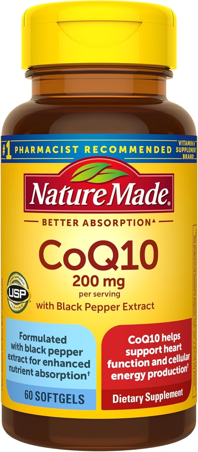 Nature Made CoQ10 200mg per Serving with Black Pepper Extract for Enhanced Nutrient Absorption, CoQ10 Supplement for Heart Health Support, 60 Softgels, 30 Day Supply