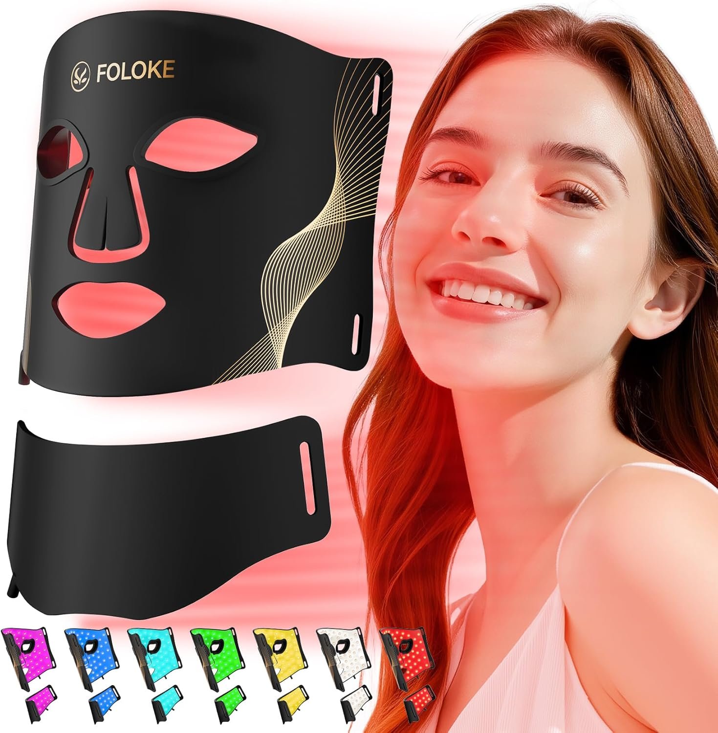 LED Light Therapy Mask Skin Care Mask, LED Red 630±5nm & NIR 830nm Wavelength for Home Use（Advanced Black）
