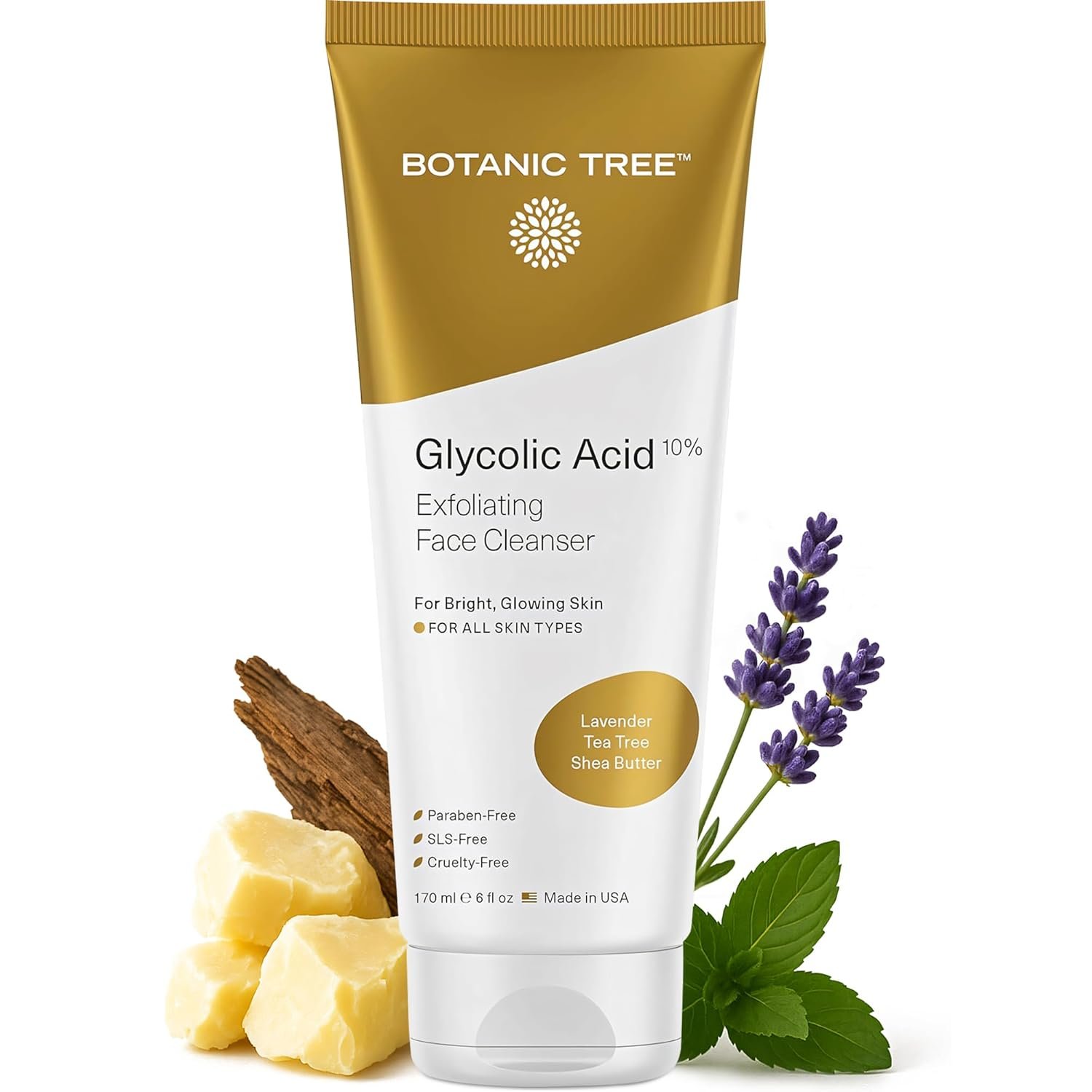 Botanic Tree Glycolic Acid Face Wash – Facial Cleanser and Scrub – 10% Glycolic Acid, AHA – Salicylic Cleanser – 6 fl. oz