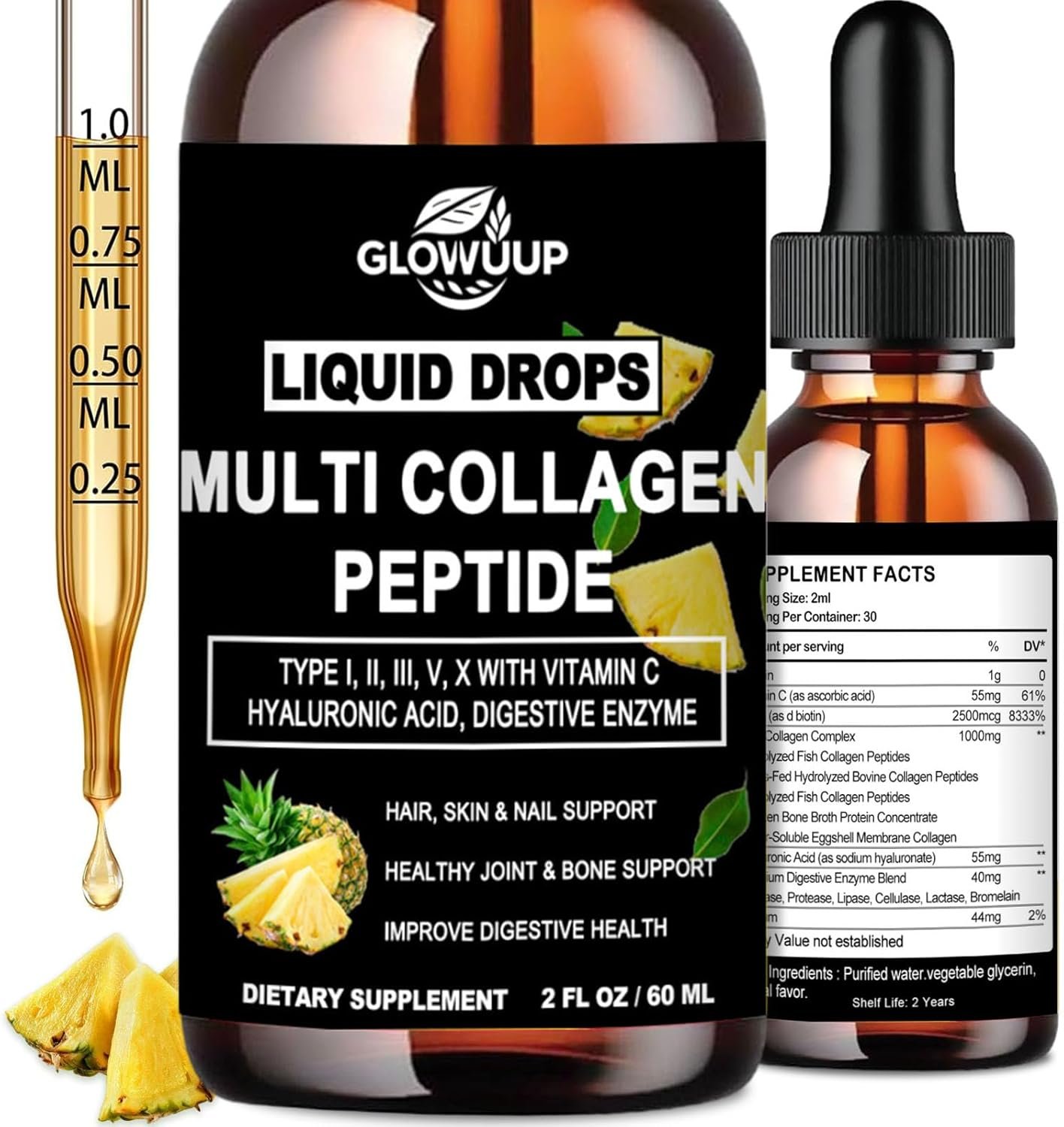 Multi Collagen Peptides Liquid Drops for Women & Men-Type I, II, III, V, X丨Hydrolyzed Collagen Peptides, Collagen Proteins W. Hyaluronic Acid, Biotin & Vitamin C for Hair Skin & Joint Gut Health