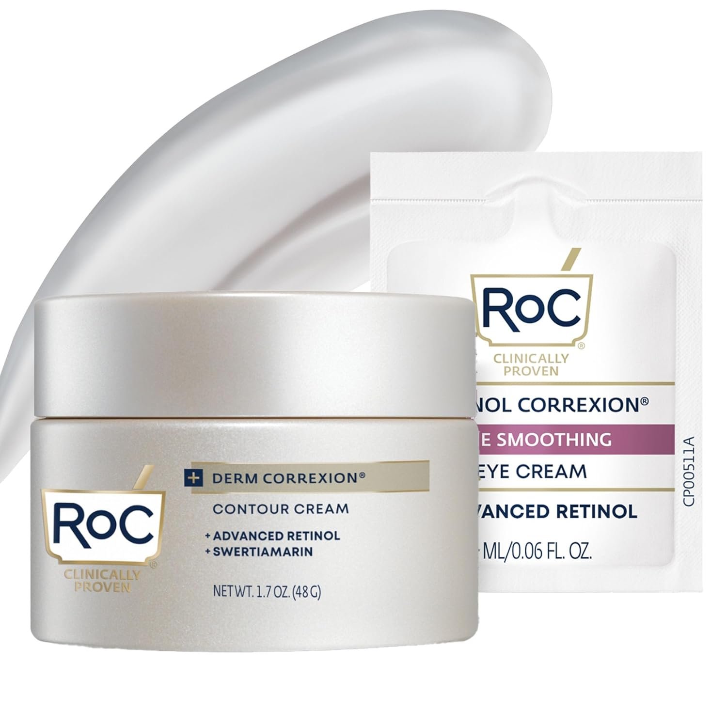 RoC Derm Correxion Neck Cream with Hyaluronic Acid + Advanced Retinol to visibly Tighten & Lift Horizontal Neck Lines, Facial Moisturizer to Contour Face (1.7 oz) with RoC Retinol Eye Packette
