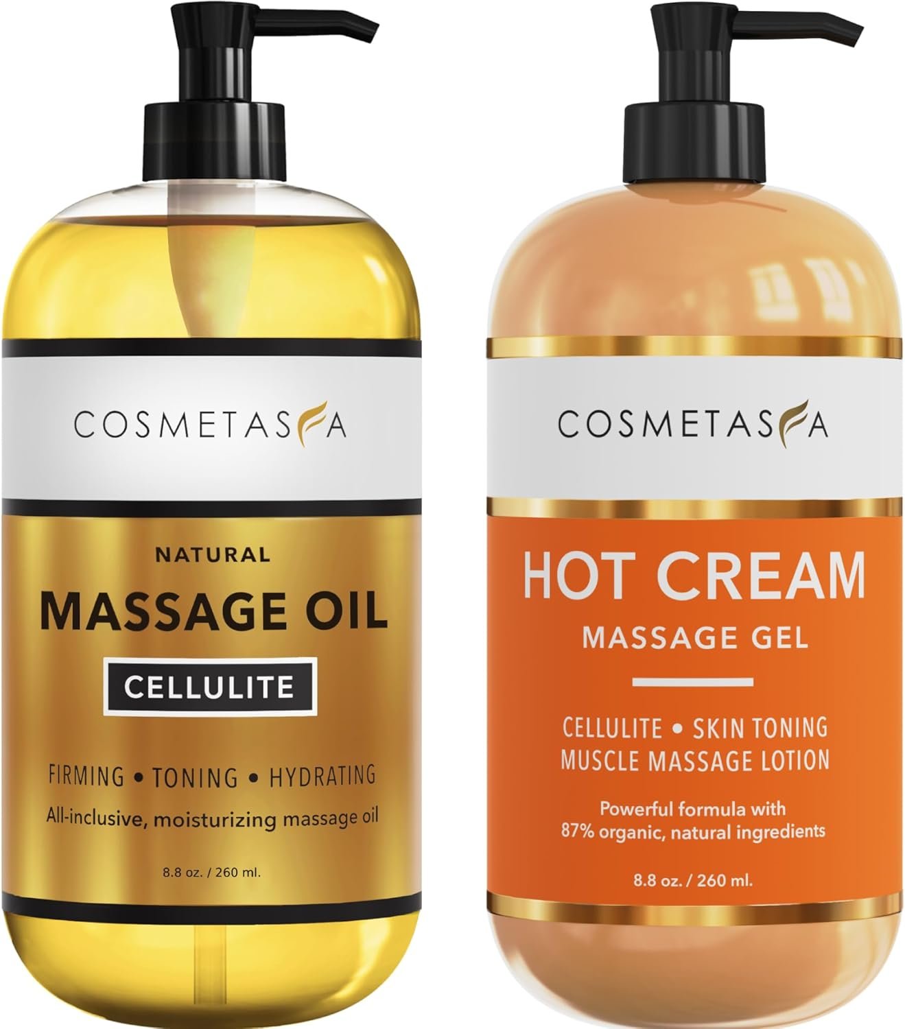 Cellulite Massage Oil & Hot Cream – 100% Natural Cellulite Oil & Gel, Highly Absorbable, Firm, Tone, Tighten & Moisturize Skin – Soothes Muscles (8.8 Fl Oz Each Bottle)