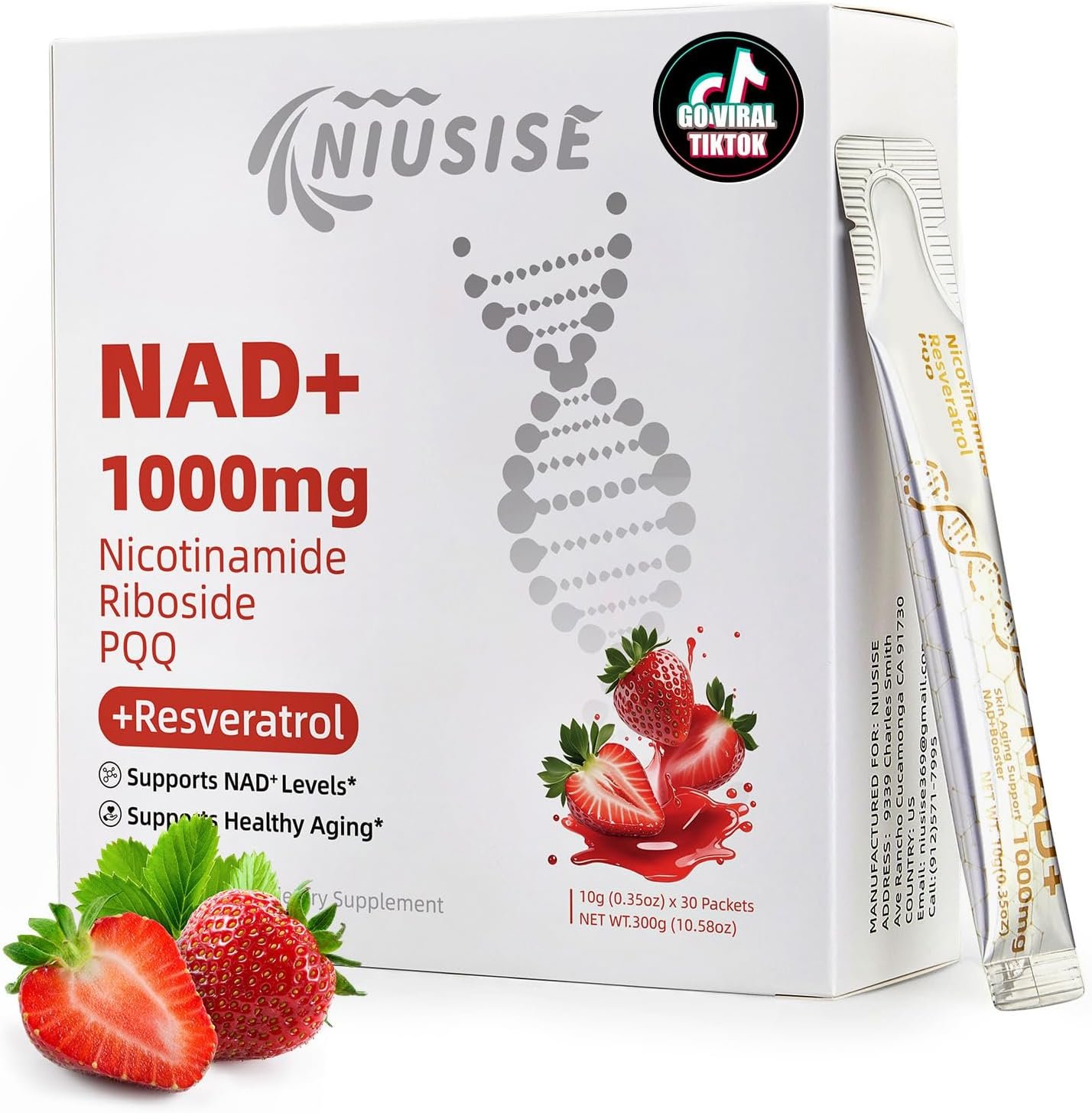 NIUSISE NAD Supplement, NAD+ Liquid, 1000mg Enhanced Formula with PQQ, Nicotinamide Riboside & Resveratrol, Advanced Anti-Aging Support for Men & Women, Sustained Energy, Vitality Boost (30 Packets)