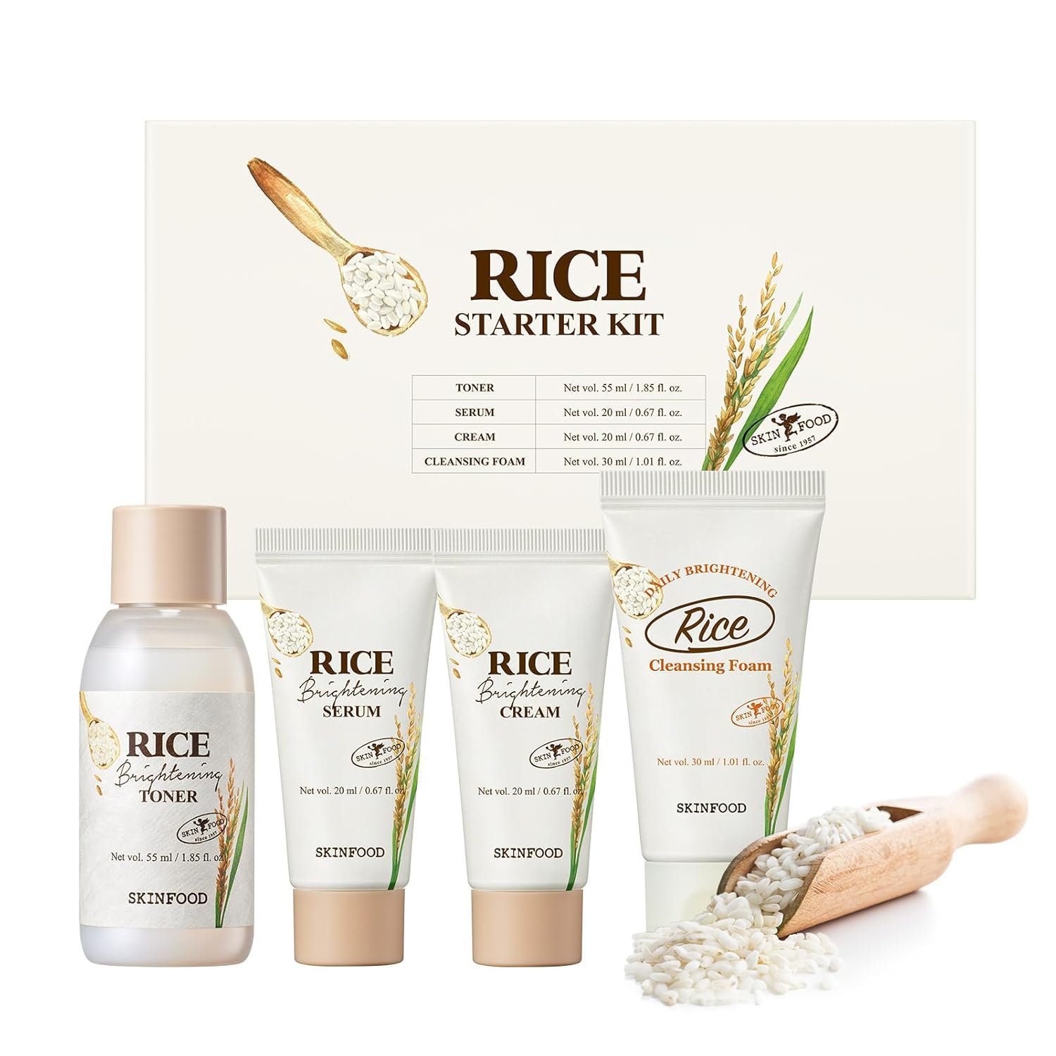 SKINFOOD Rice Starter Kit, Rice Toner, Rice Serum, Rice Moisturizer, and Rice Face Wash for Glass Skin, Korean Skin Care Set, Travel Size Kit, Stocking Stuffers, Gift Set for Women, Skincare Gift Set