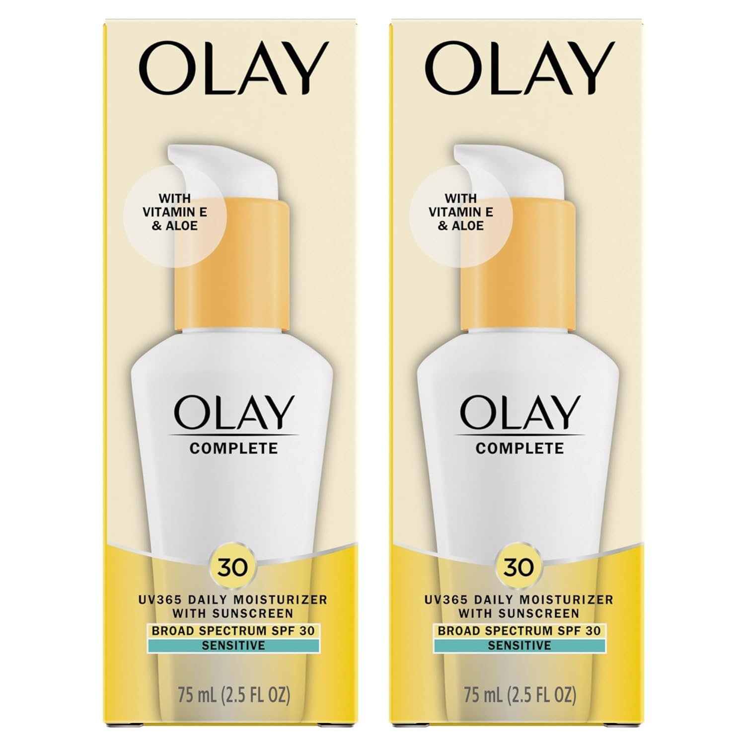 Olay Face Moisturizer, Complete with Sunscreen SPF 30, Fragrance-Free for Sensistive Skin, Broad Spectrum Sun Protection, Long-Lasting Hydration, Non-Comedogenic – Vitamin E & Aloe – 2.5 Oz – 2 Pack