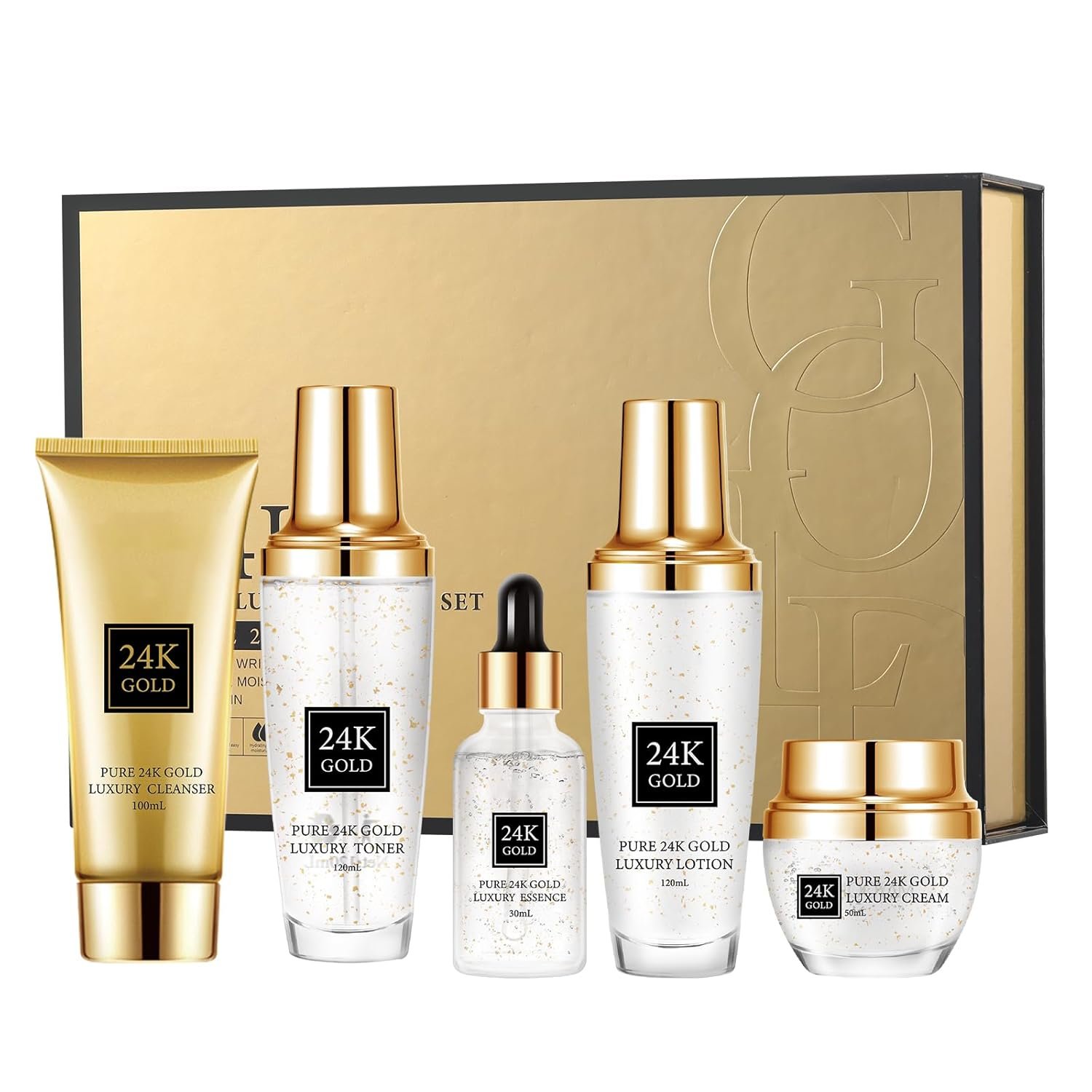 24K Gold Skincare Set 5 Piece,Moisturizing Face Skin Care Kit with Facial Cleanser,Face Serum,Face Cream,Face Lotion,Face Toner,24K Women Skincare Set For All Skin Types