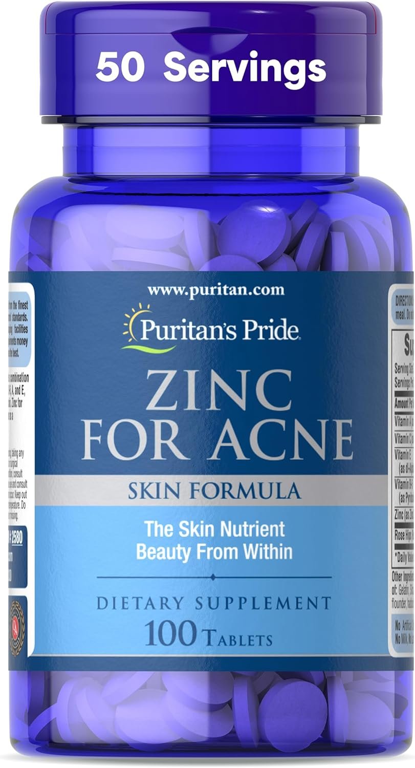 Puritan’s Pride Zinc for Acne Skin Formula with Vitamins C, B-6, A, and E for Men and Women, Dietary Supplement for Clear Healthy Skin, Immune System, Cell Division and Growth Support, 100 Tablets