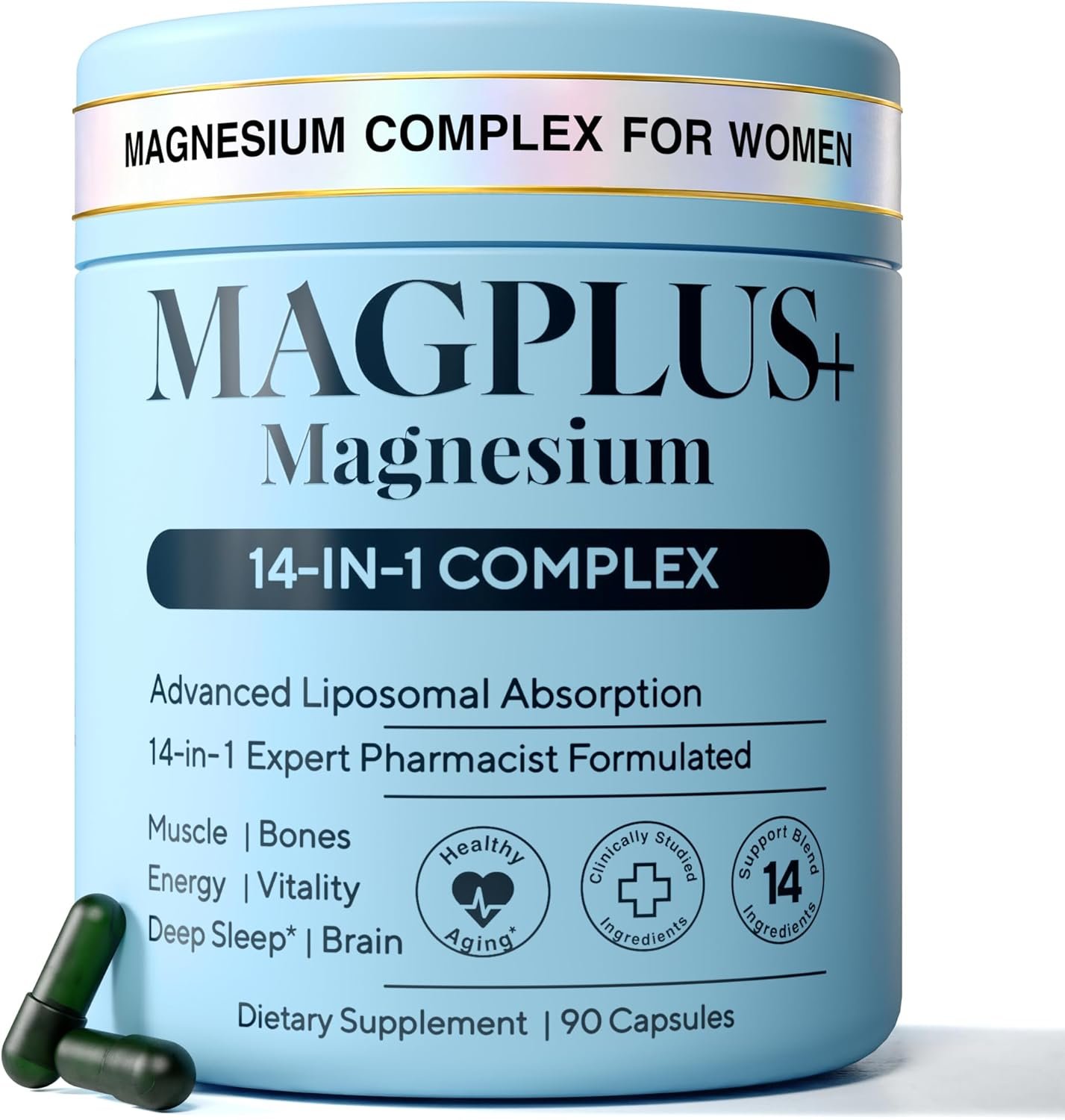 Magnesium Glycinate Complex Supplement, 900mg – 14-in-1 Magnesium L-Threonate, Citrate, Taurate & Malate for Women & Men – Liposomal Chelated Formula – Sleep, Muscle & Brain Support – 90 Capsules
