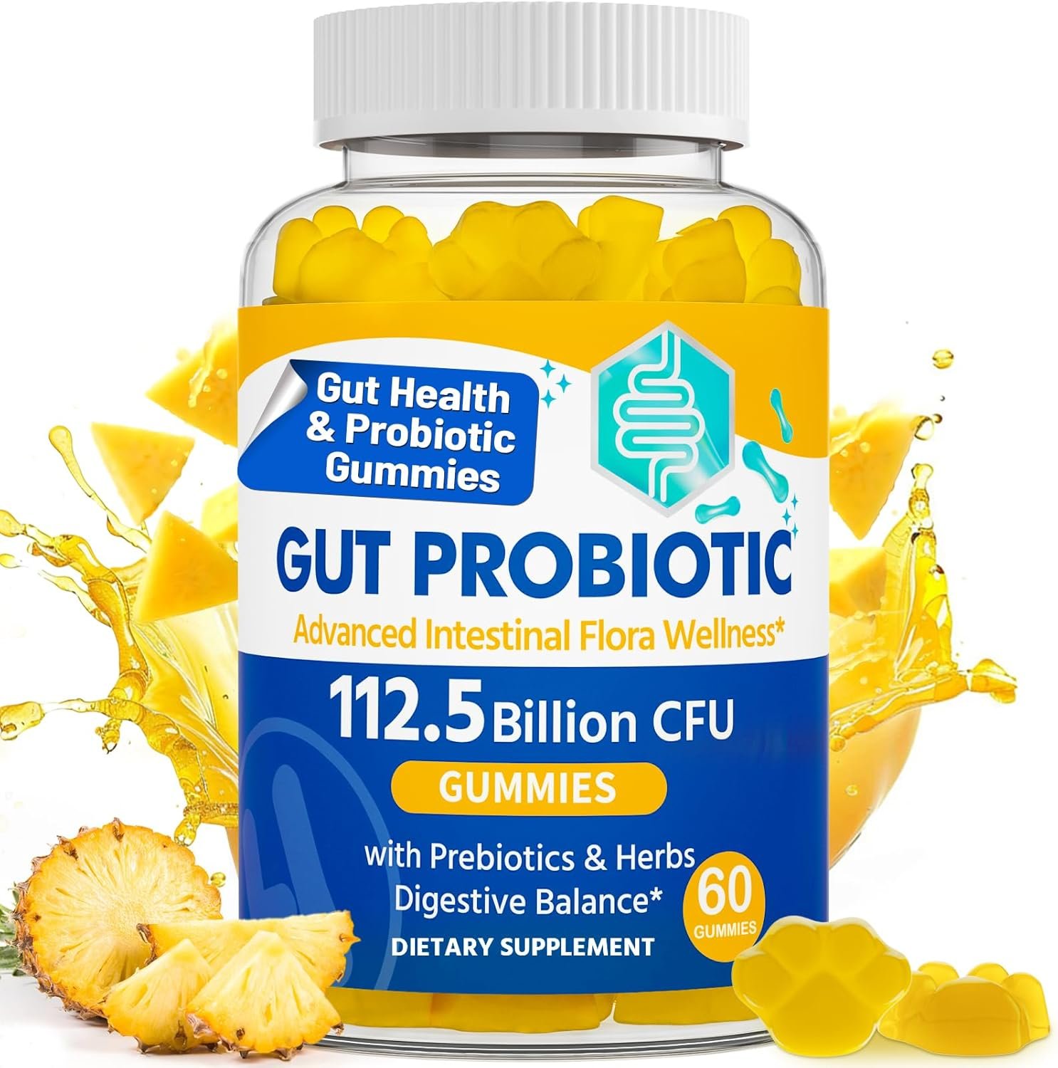 Gut Health & Probiotic Gummies, 112.5 Billion CFU, Sugar Free – 8 Strains + Prebiotics + Herbs – for Digestive, Immune, Diarrhea & Bloating – Gut Health for Women & Men, 60 Counts Probiotics Gummies