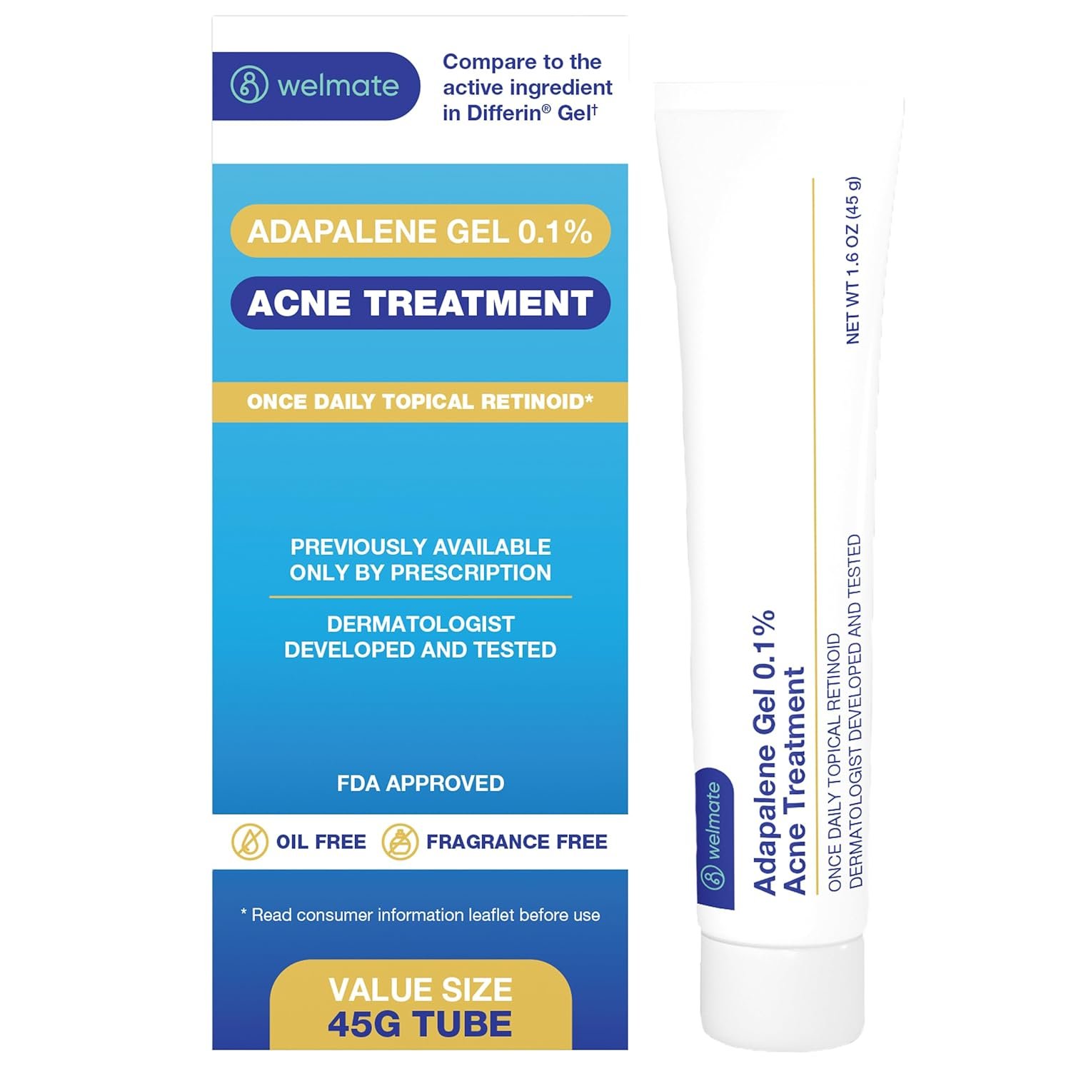 WELMATE Adapalene Gel 0.1% Acne Treatment, Retinoid for Face, Helps Clear Blackheads & Pimples, Once-Daily Topical, Oil Free & Fragrance Free, 90 Day Supply, 1.6 oz