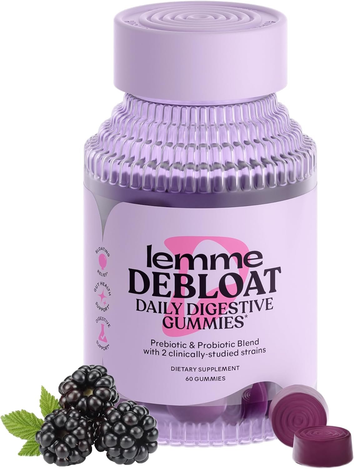 Lemme Debloat – Digestive & Gut Health Gummies with 2 Clinically Studied Probiotics & Prebiotic, Vegetarian, Gluten Free, Non GMO, BlackBerry Flavor (60 Count)