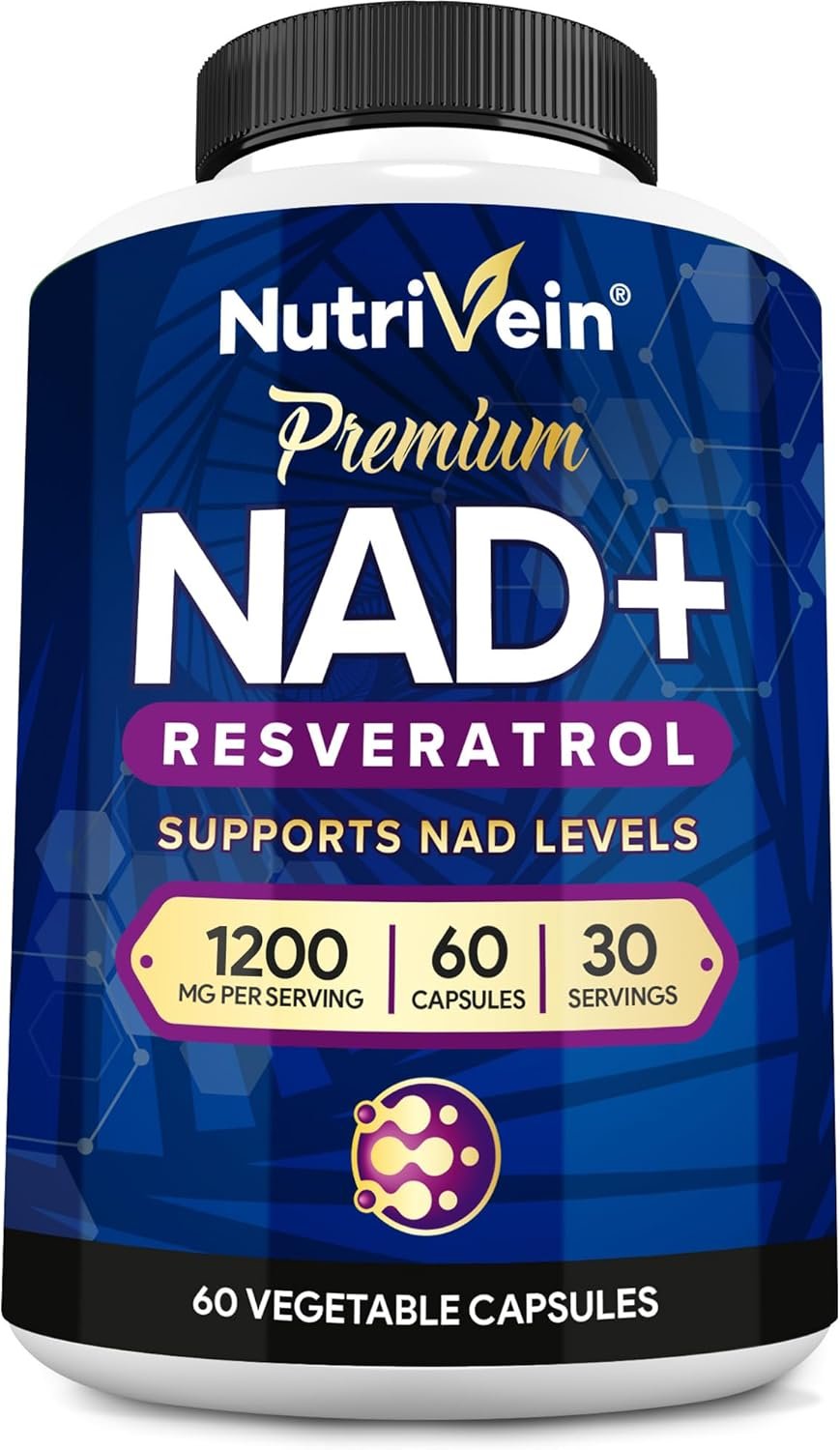 Nutrivein Premium NAD + Resveratrol Supplement 600 mg – 30 Servings (60 Capsules): Powerful Synergistic NAD Resveratrol Supplement – Aging, Cognition, Metabolism, & Overall Well-Being