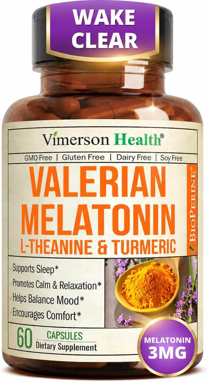 Valerian Root for Sleep – Melatonin 3mg Sleep Aid with L-Theanine – Organic Turmeric Curcumin Supplement with Ginger & Black Pepper for Daily Calm and Stress Relief Support – 60 Capsules
