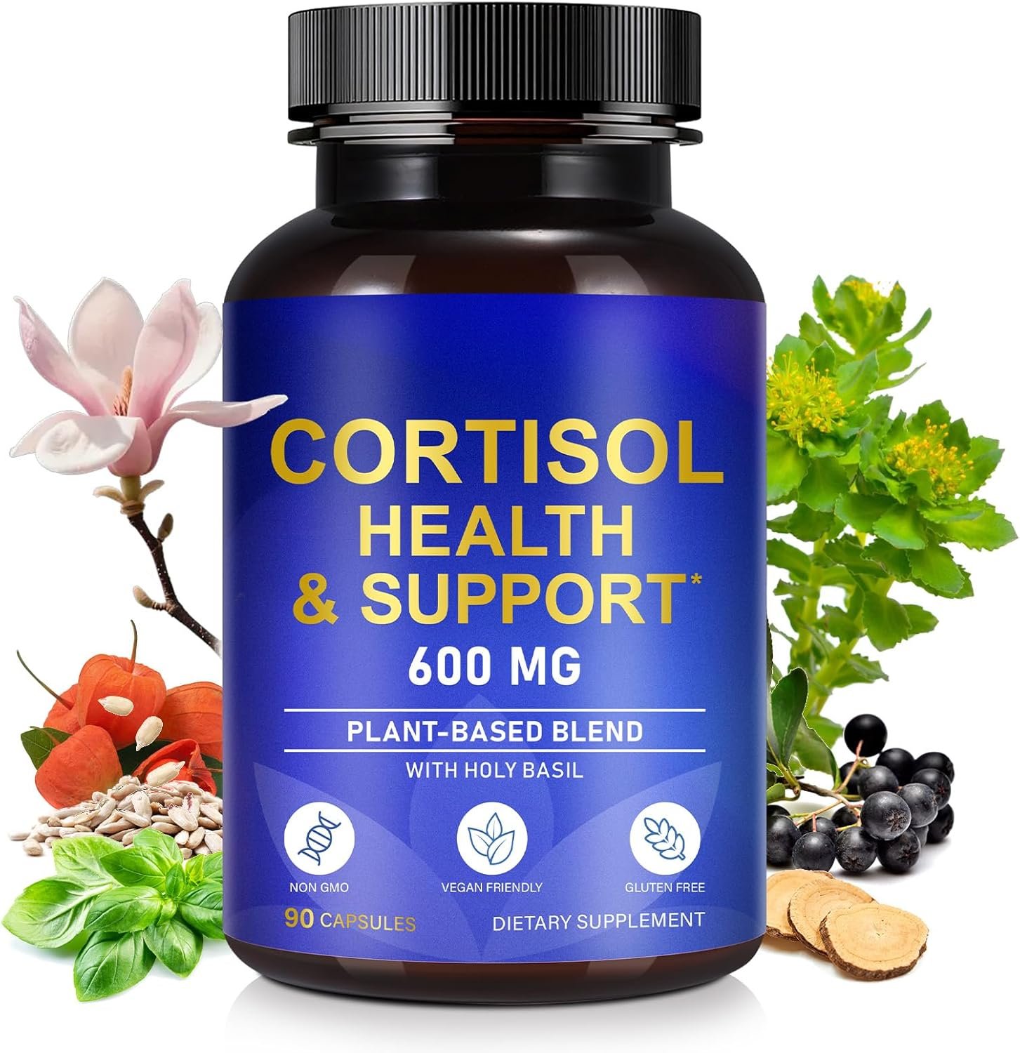 Cortisol Balance Supplement for Women | Stress, Mood, Focus & Sleep Support with Adaptogens (Rhodiola, Holy Basil), L-Theanine & Magnesium – Vegan, Non-GMO, 90 Capsules