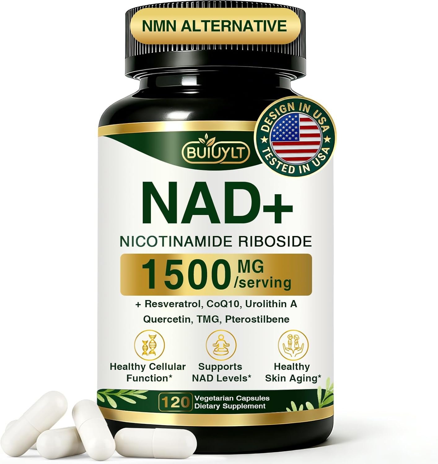 NAD+ Supplement 1500mg, NR NMN Replacement with Resveratrol, Urolithin A, CoQ10 & Quercetin – NAD Plus for Cellular Energy, Healthy Aging & Stamina for Women & Men – 120 Capsules
