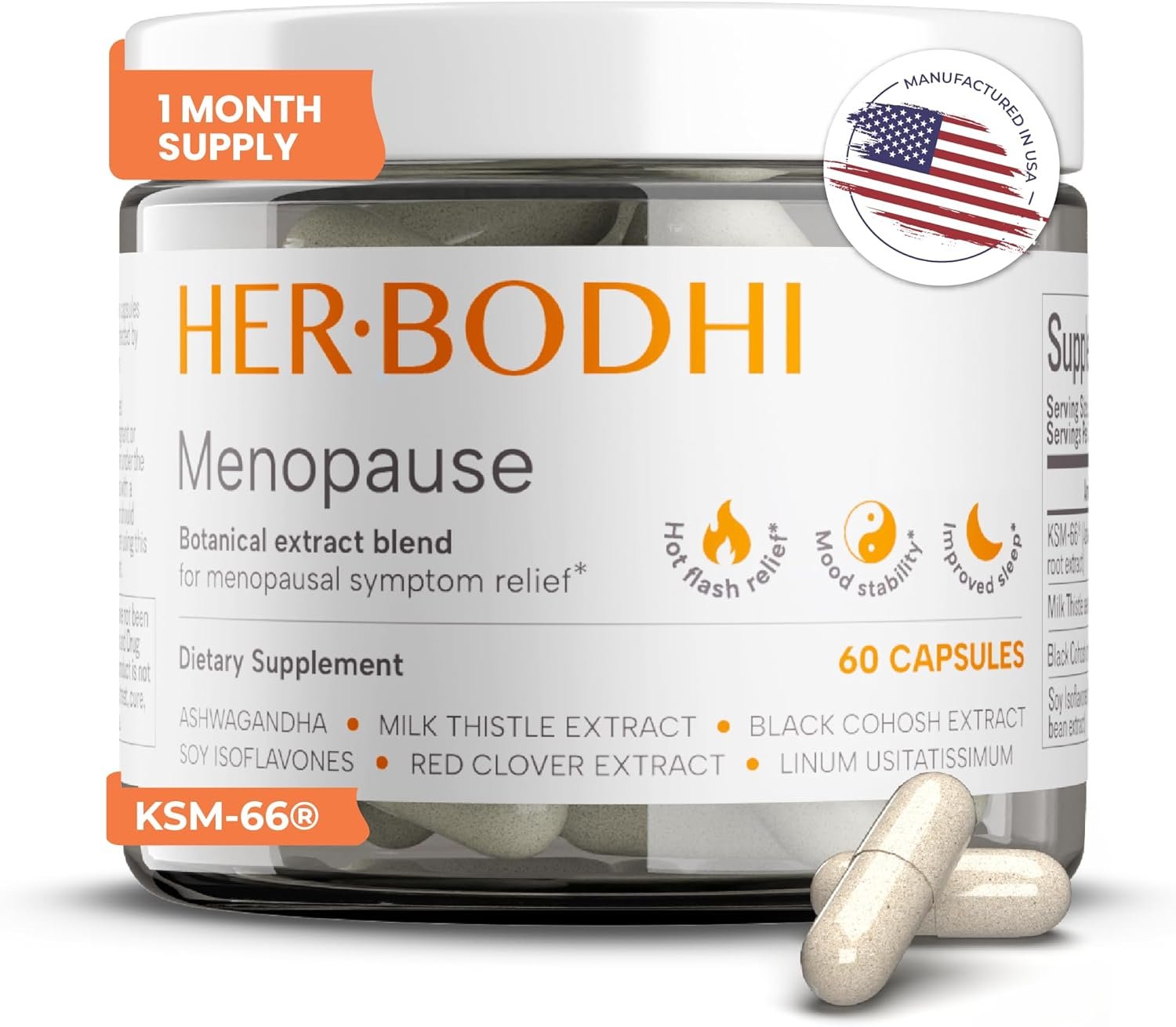 Her Bodhi Meno- Menopause Hormonal Balance for Women, Estrogen Soy Isoflavones Menopause Supplement for Women | with Ashwagandha & Black Cohosh | Hot Flashes Menopause Relief (60 Capsules)