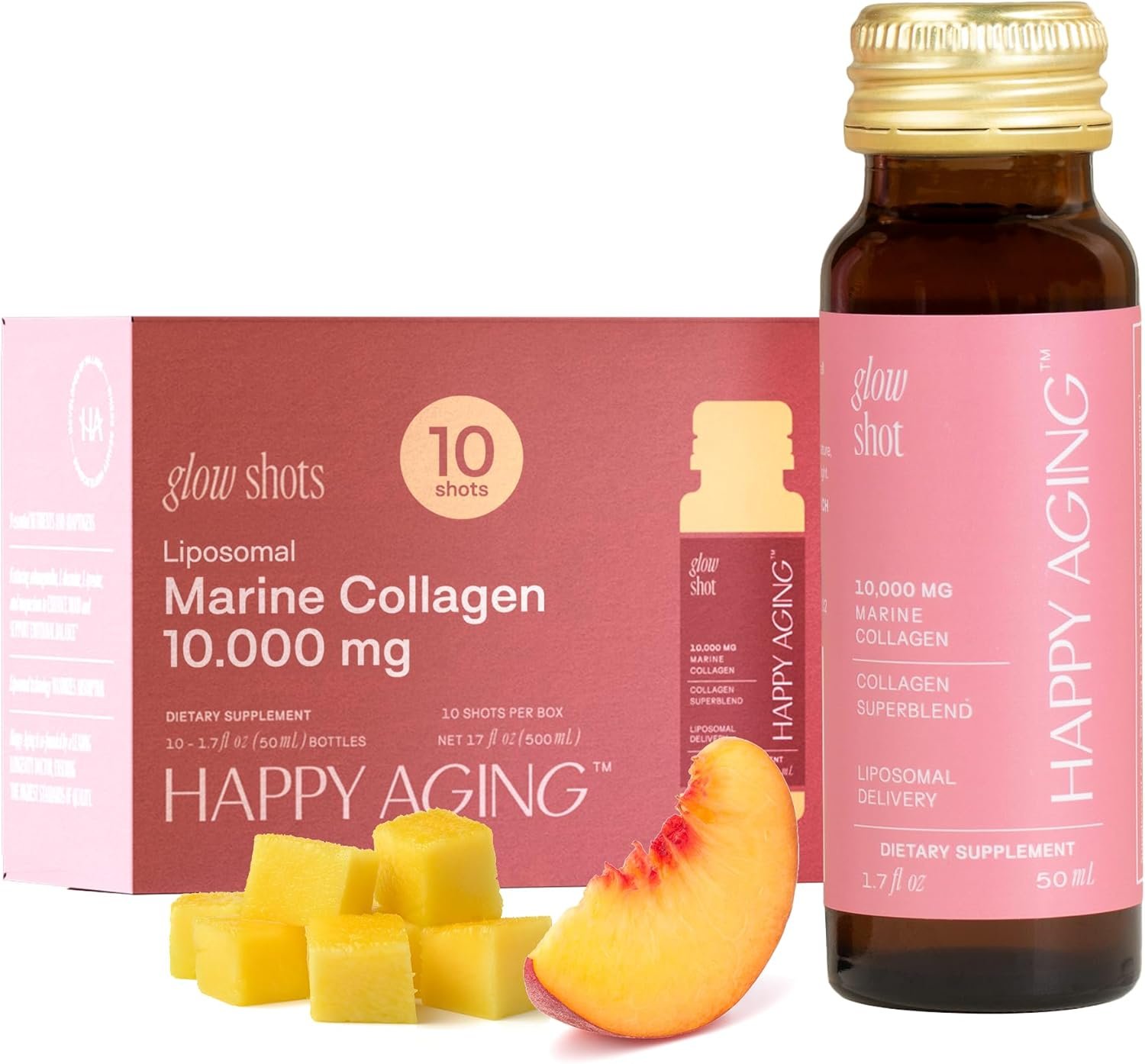 Happy Aging Marine Collagen Peptides Glow Shot 10,000mg – Liquid Collagen for Women with Liposomal Delivery – Promotes Skin Hydration, Elasticity & Radiance – Supports Hair & Nails, 10 Shots