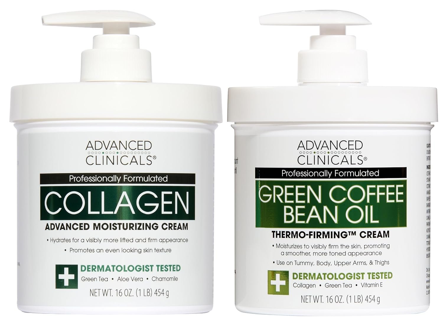 Advanced Clinicals Unscented Collagen Body Cream & Face Moisturizer + Green Coffee Bean Oil Thermo – Firming Body Cream For Women & Men Helps Reduce Appearance Of Cellulite Prone Skin & Dry Skin, 2pc