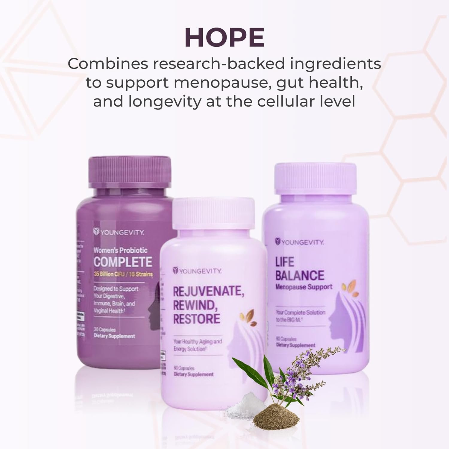 Youngevity Hope Bundle – Menopause & Cellular Health Support System | Women’s Probiotic Complete + Rejuvenate, Rewind, Restore + Life Balance Menopause Support | Gluten-Free