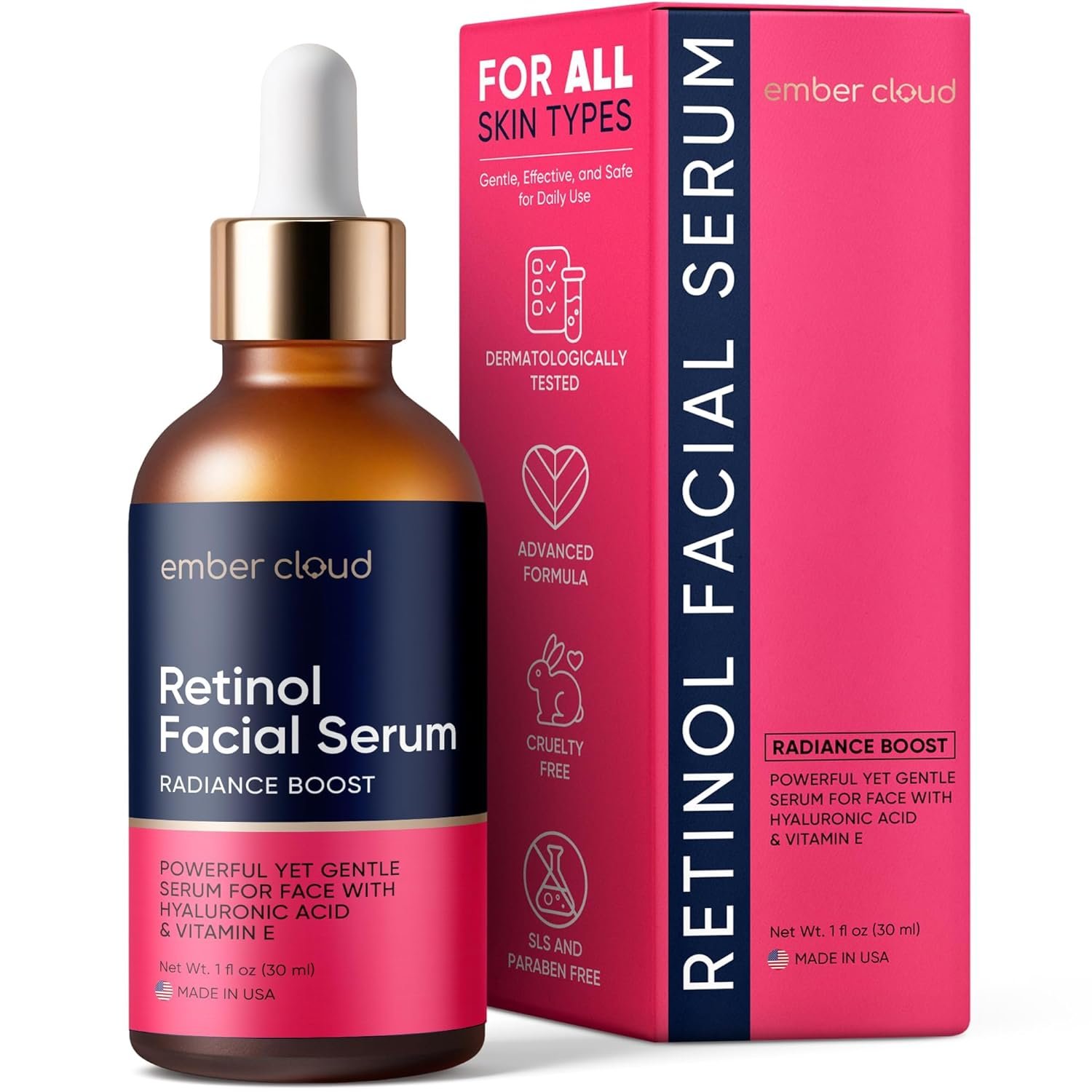Retinol Serum for Face with Hyaluronic Acid, Vitamin E & Aloe Vera Anti-Aging Serum – All Skin Types – Supports Even Tone – Day and Night – Made in USA – 1 Oz