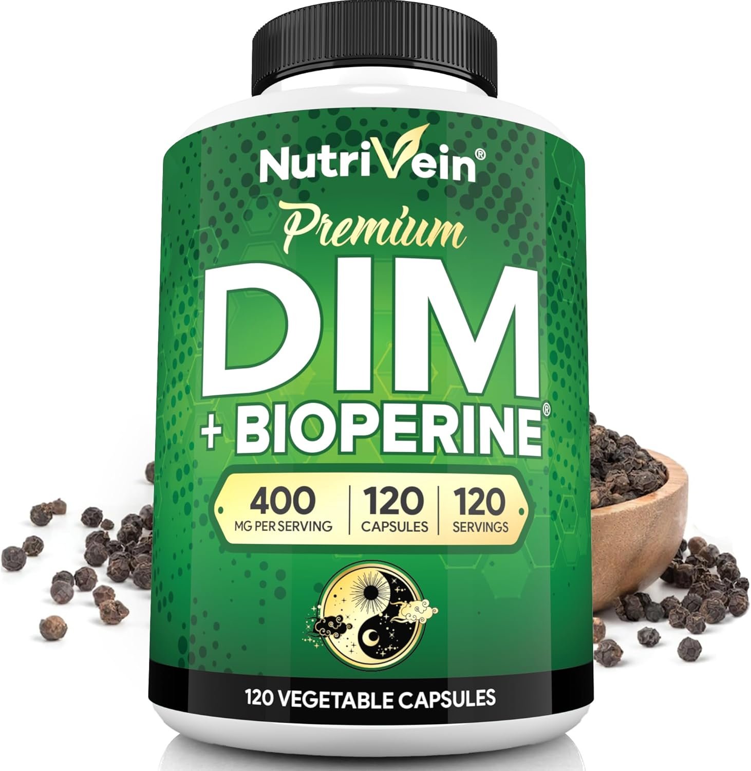 Nutrivein Premium DIM Supplement 400 mg Daily – 120 Servings (120 Capsules): Diindolylmethane for Women and Men – Plus Bioperine – Estrogen Supplement – Menopause and Middle Age Support