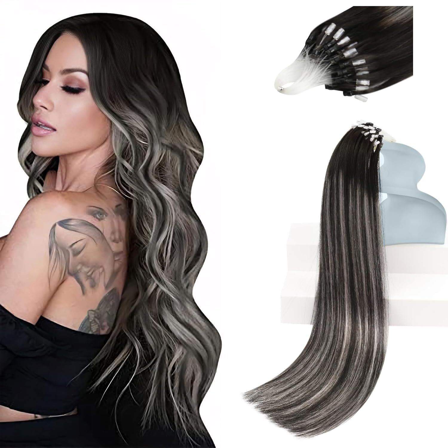 Sunny Hair 14 Inch Micro Bead Real Human Hair Extensions, Easy to Maintain Microlink Hair, Natural Black Balayage Silver Grey, Suited for Women in Their 40s and 50s with First Signs of Gray, 50g
