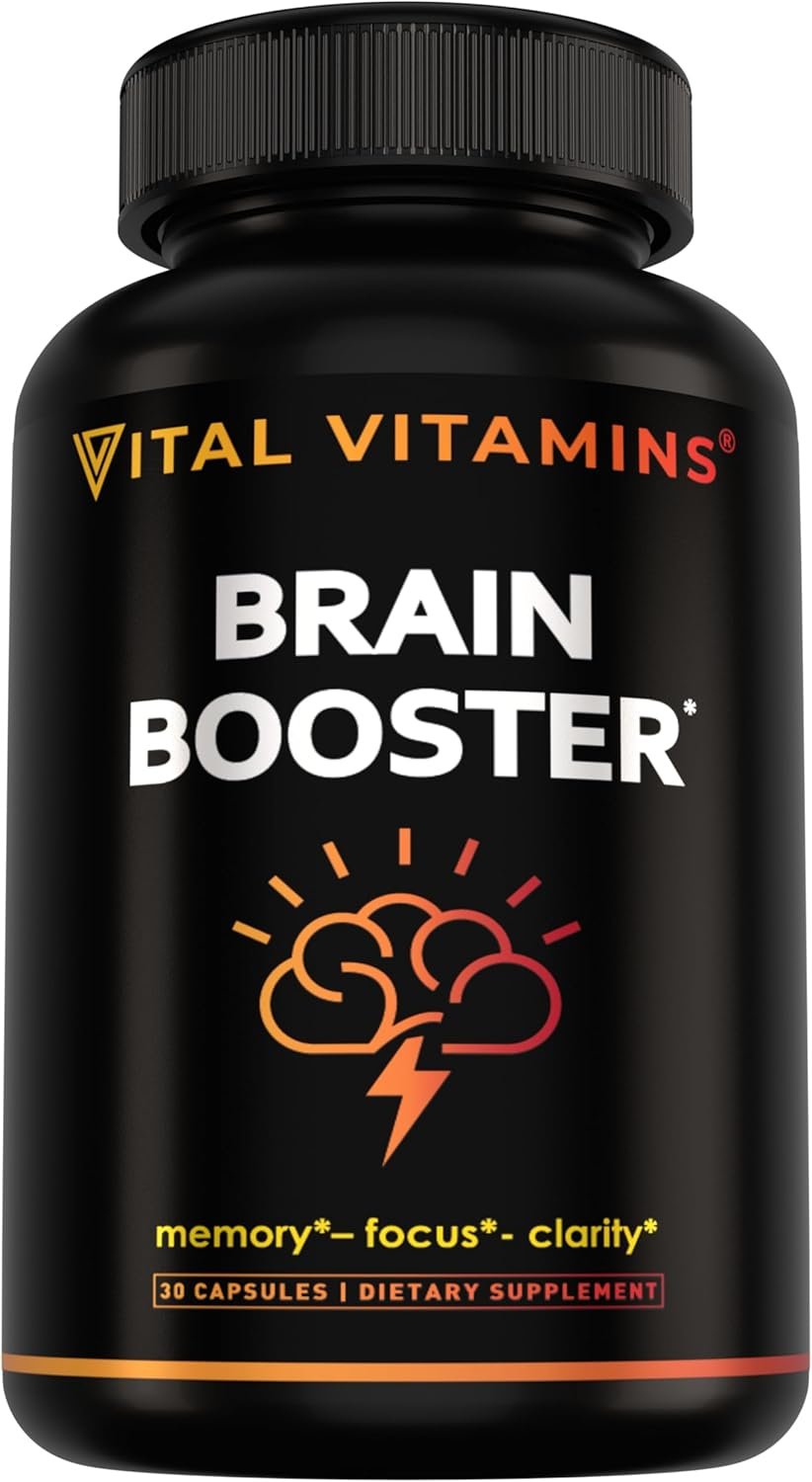 Vital Vitamins Brain Supplements with Bacopa Monnieri – for Memory and Focus – Nootropic Brain Booster – Caffeine-Free Support for Adults & Seniors – Non-GMO, 30-Day Supply, 30 Capsules