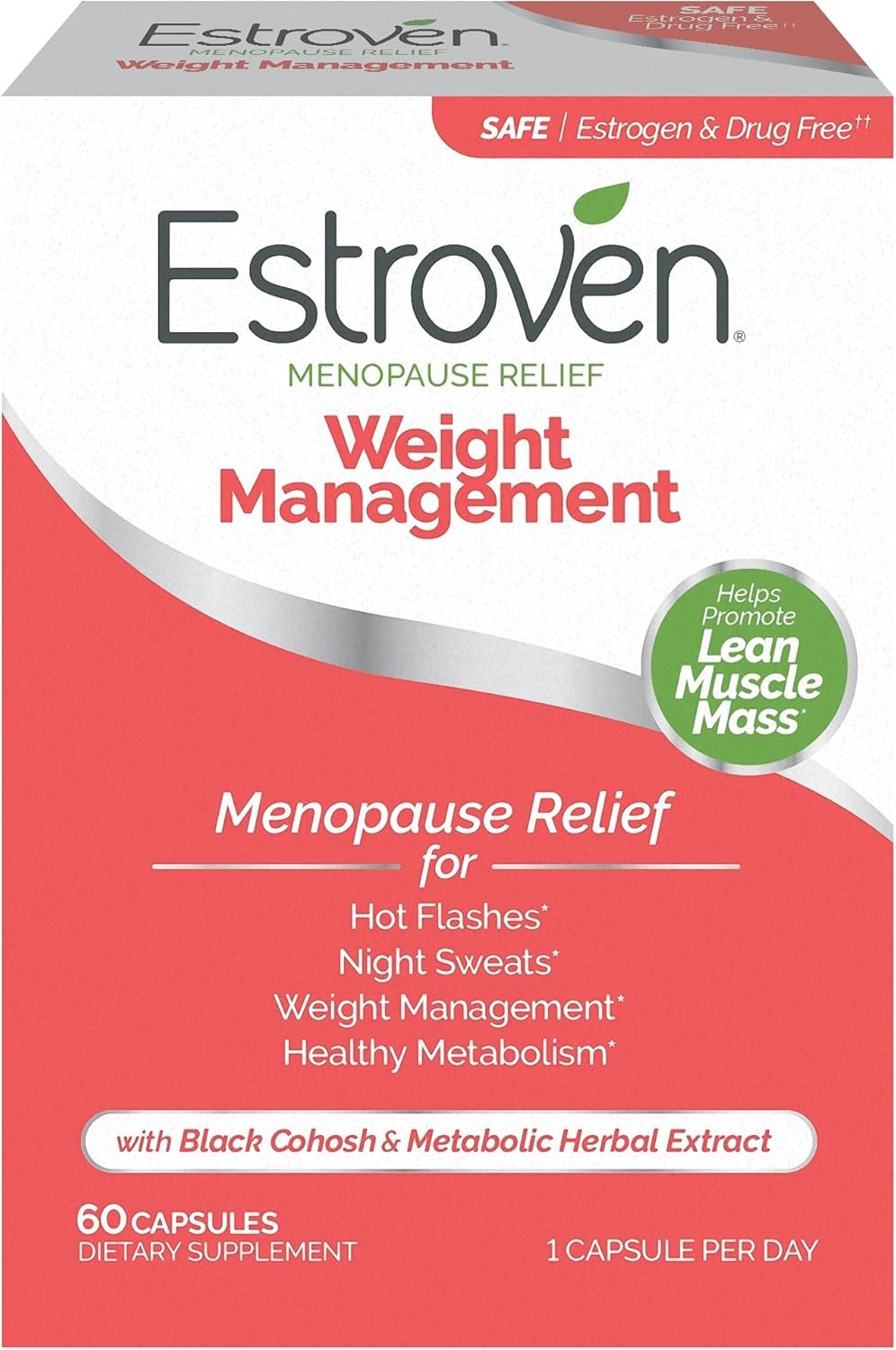 Estroven Weight Management for Menopause Relief – 60 Ct. – Clinically Proven Ingredients Help Manage Weight, Provide Night Sweats & Hot Flash Relief – Drug-Free & Gluten-Free