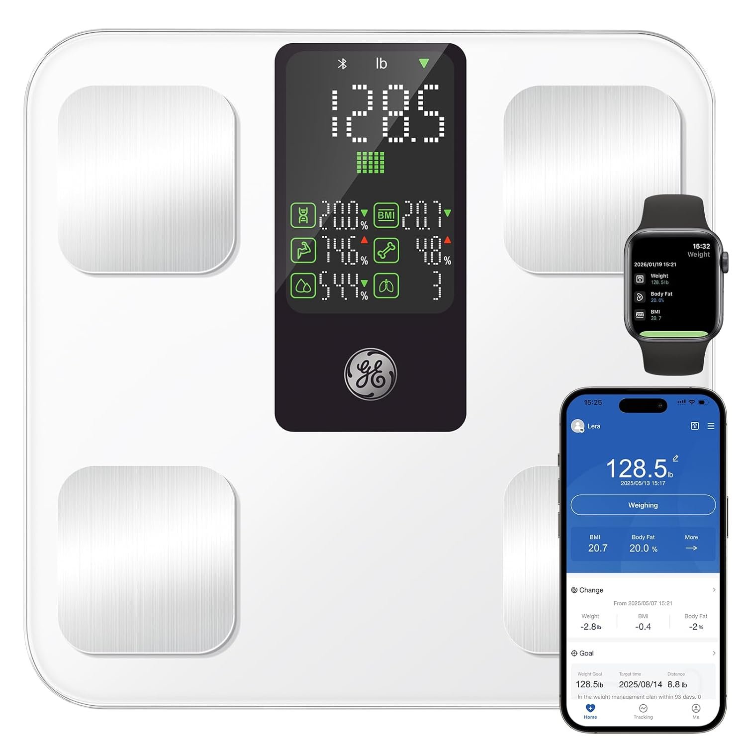 GE Smart Body Weight Scale, with 8-in-1 Display for BMI Body Fat Muscle Mass, Digital Bathroom Bluetooth Scale, 14 Composition Analyzer for Health Monitoring, 11.8″, Accurate 400lb Weighing, White