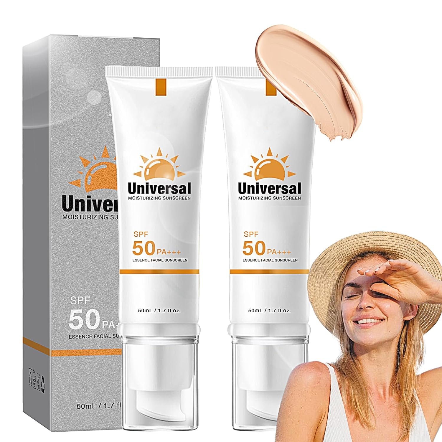 2Pcs Tinted Sunscreen for Face SPF 50, Universal Tinted Moisturizer SPF50 PA+++, Protector Solar Con Color, Hydrating Sun Essence Face Sunscreen, Non-Sticky, Against UVA and UVB Rays