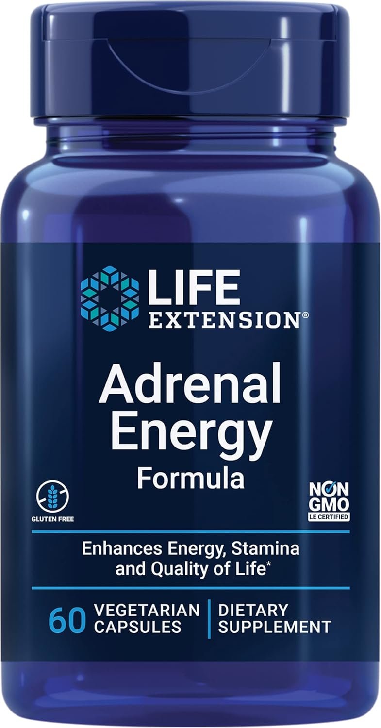 Life Extension Adrenal Energy Formula, Help inhibit the Effects of Stress, holy Basil, cordyceps, bacopa and ashwagandha, Gluten Free, Non-GMO, Vegetarian, 60 Capsules